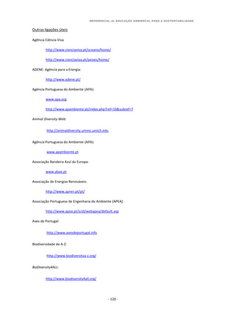 REFERENCIAL de EDUCAÇÃO AMBIENTAL PARA A SUSTENTABILIDADE
- 120 -
Outras ligações úteis
Agência Ciência Viva
http://www.cienciaviva.pt/oceano/home/
http://www.cienciaviva.pt/peixes/home/
ADENE- Agência para a Energia:
http://www.adene.pt/
Agência Portuguesa do Ambiente (APA):
www.apa.org
http://www.apambiente.pt/index.php?ref=16&subref=7
Animal Diversity Web:
http://animaldiversity.ummz.umich.edu
Agência Portuguesa do Ambiente (APA):
www.apambiente.pt
Associação Bandeira Azul da Europa:
www.abae.pt
Associação de Energias Renováveis:
http://www.apren.pt/pt/
Associação Portuguesa de Engenharia do Ambiente (APEA):
http://www.apea.pt/scid/webapea/default.asp
Aves de Portugal:
http://www.avesdeportugal.info
Biodiversidade de A-Z:
http://www.biodiversitya-z.org/
BioDiversity4ALL:
http://www.biodiversity4all.org/
 