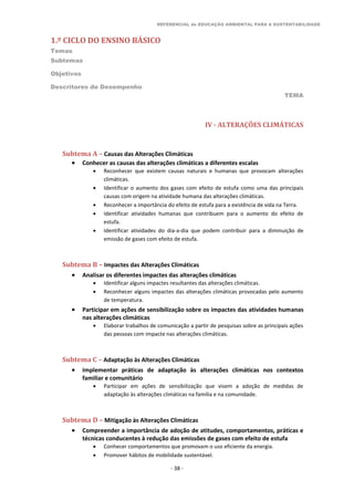 REFERENCIAL de EDUCAÇÃO AMBIENTAL PARA A SUSTENTABILIDADE
1.º CICLO DO ENSINO BÁSICO
Temas
Subtemas
Objetivos
Descritores de Desempenho
TEMA
- 38 -
IV - ALTERAÇÕES CLIMÁTICAS
Subtema A – Causas das Alterações Climáticas
 Conhecer as causas das alterações climáticas a diferentes escalas
 Reconhecer que existem causas naturais e humanas que provocam alterações
climáticas.
 Identificar o aumento dos gases com efeito de estufa como uma das principais
causas com origem na atividade humana das alterações climáticas.
 Reconhecer a importância do efeito de estufa para a existência de vida na Terra.
 Identificar atividades humanas que contribuem para o aumento do efeito de
estufa.
 Identificar atividades do dia-a-dia que podem contribuir para a diminuição de
emissão de gases com efeito de estufa.
Subtema B – Impactes das Alterações Climáticas
 Analisar os diferentes impactes das alterações climáticas
 Identificar alguns impactes resultantes das alterações climáticas.
 Reconhecer alguns impactes das alterações climáticas provocadas pelo aumento
de temperatura.
 Participar em ações de sensibilização sobre os impactes das atividades humanas
nas alterações climáticas
 Elaborar trabalhos de comunicação a partir de pesquisas sobre as principais ações
das pessoas com impacte nas alterações climáticas.
Subtema C – Adaptação às Alterações Climáticas
 Implementar práticas de adaptação às alterações climáticas nos contextos
familiar e comunitário
 Participar em ações de sensibilização que visem a adoção de medidas de
adaptação às alterações climáticas na família e na comunidade.
Subtema D – Mitigação às Alterações Climáticas
 Compreender a importância de adoção de atitudes, comportamentos, práticas e
técnicas conducentes à redução das emissões de gases com efeito de estufa
 Conhecer comportamentos que promovam o uso eficiente da energia.
 Promover hábitos de mobilidade sustentável.
 