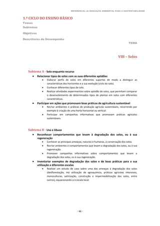REFERENCIAL de EDUCAÇÃO AMBIENTAL PARA A SUSTENTABILIDADE
1.º CICLO DO ENSINO BÁSICO
Temas
Subtemas
Objetivos
Descritores de Desempenho
TEMA
- 46 -
VIII – Solos
Subtema A - Solo enquanto recurso
 Relacionar tipos de solos com as suas diferentes aptidões
 Elaborar perfis de solos em diferentes suportes de modo a distinguir as
características dos horizontes e a sua evolução (ciclo do solo).
 Conhecer diferentes tipos de solo.
 Realizar atividades experimentais sobre aptidão de solos, que permitam comparar
o desenvolvimento de determinados tipos de plantas em solos com diferentes
características.
 Participar em ações que promovam boas práticas de agricultura sustentável
 Recriar ambientes e práticas de produção agrícola sustentáveis, recorrendo por
exemplo à criação de uma horta horizontal ou vertical.
 Participar em campanhas informativas que promovam práticas agrícolas
sustentáveis.
Subtema B - Uso e Abuso
 Reconhecer comportamentos que levam à degradação dos solos, ou à sua
regeneração
 Conhecer as principais ameaças, naturais e humanas, à conservação dos solos.
 Recriar ambientes e comportamentos que levam a degradação dos solos, ou à sua
regeneração.
 Promover campanhas informativas sobre comportamentos que levam a
degradação dos solos, ou à sua regeneração.
 Inventariar exemplos de degradação dos solos e de boas práticas para a sua
utilização a diferentes escalas
 Realizar um estudo de caso sobre uma das ameaças à degradação dos solos
(desflorestação, má utilização de agroquímico, práticas agrícolas intensivas,
monoculturas, salinização, construção e impermeabilização dos solos, entre
outros), equacionando-a à escala local.
 