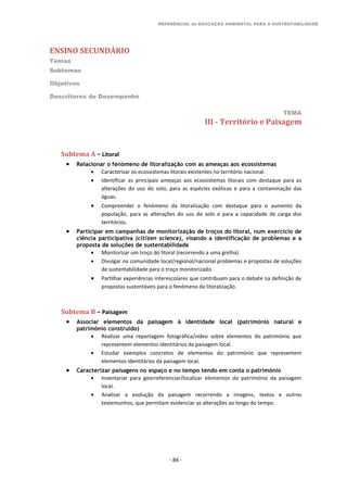 REFERENCIAL de EDUCAÇÃO AMBIENTAL PARA A SUSTENTABILIDADE
ENSINO SECUNDÁRIO
Temas
Subtemas
Objetivos
Descritores de Desempenho
TEMA
- 84 -
III - Território e Paisagem
Subtema A – Litoral
 Relacionar o fenómeno de litoralização com as ameaças aos ecossistemas
 Caracterizar os ecossistemas litorais existentes no território nacional.
 Identificar as principais ameaças aos ecossistemas litorais com destaque para as
alterações do uso do solo, para as espécies exóticas e para a contaminação das
águas.
 Compreender o fenómeno da litoralização com destaque para o aumento da
população, para as alterações do uso do solo e para a capacidade de carga dos
territórios.
 Participar em campanhas de monitorização de troços do litoral, num exercício de
ciência participativa (citizen science), visando a identificação de problemas e a
proposta de soluções de sustentabilidade
 Monitorizar um troço do litoral (recorrendo a uma grelha).
 Divulgar na comunidade local/regional/nacional problemas e propostas de soluções
de sustentabilidade para o troço monitorizado.
 Partilhar experiências interescolares que contribuam para o debate na definição de
propostas sustentáveis para o fenómeno da litoralização.
Subtema B – Paisagem
 Associar elementos da paisagem à identidade local (património natural e
património construído)
 Realizar uma reportagem fotográfica/vídeo sobre elementos do património que
representem elementos identitários da paisagem local.
 Estudar exemplos concretos de elementos do património que representem
elementos identitários da paisagem local.
 Caracterizar paisagens no espaço e no tempo tendo em conta o património
 Inventariar para georreferenciar/localizar elementos do património da paisagem
local.
 Analisar a evolução da paisagem recorrendo a imagens, textos e outros
testemunhos, que permitam evidenciar as alterações ao longo do tempo.
 