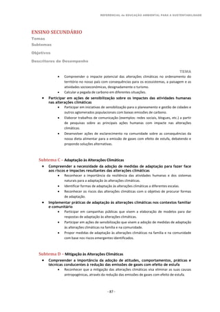 REFERENCIAL de EDUCAÇÃO AMBIENTAL PARA A SUSTENTABILIDADE
ENSINO SECUNDÁRIO
Temas
Subtemas
Objetivos
Descritores de Desempenho
TEMA
- 87 -
 Compreender o impacte potencial das alterações climáticas no ordenamento do
território no nosso país com consequências para os ecossistemas, a paisagem e as
atividades socioeconómicas, designadamente o turismo.
 Calcular a pegada de carbono em diferentes situações.
 Participar em ações de sensibilização sobre os impactes das atividades humanas
nas alterações climáticas
 Participar em iniciativas de sensibilização para o planeamento e gestão de cidades e
outros aglomerados populacionais com baixas emissões de carbono.
 Elaborar trabalhos de comunicação (exemplos: redes sociais, blogues, etc.) a partir
de pesquisas sobre as principais ações humanas com impacte nas alterações
climáticas.
 Desenvolver ações de esclarecimento na comunidade sobre as consequências da
nossa dieta alimentar para a emissão de gases com efeito de estufa, debatendo e
propondo soluções alternativas.
Subtema C – Adaptação às Alterações Climáticas
 Compreender a necessidade da adoção de medidas de adaptação para fazer face
aos riscos e impactes resultantes das alterações climáticas
 Reconhecer a importância da resiliência das atividades humanas e dos sistemas
naturais para a adaptação às alterações climáticas.
 Identificar formas de adaptação às alterações climáticas a diferentes escalas.
 Reconhecer os riscos das alterações climáticas com o objetivo de procurar formas
de adaptação.
 Implementar práticas de adaptação às alterações climáticas nos contextos familiar
e comunitário
 Participar em campanhas públicas que visem a elaboração de modelos para dar
respostas de adaptação às alterações climáticas.
 Participar em ações de sensibilização que visem a adoção de medidas de adaptação
às alterações climáticas na família e na comunidade.
 Propor medidas de adaptação às alterações climáticas na família e na comunidade
com base nos riscos emergentes identificados.
Subtema D – Mitigação às Alterações Climáticas
 Compreender a importância da adoção de atitudes, comportamentos, práticas e
técnicas conducentes à redução das emissões de gases com efeito de estufa
 Reconhecer que a mitigação das alterações climáticas visa eliminar as suas causas
antropogénicas, através da redução das emissões de gases com efeito de estufa.
 