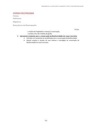 REFERENCIAL de EDUCAÇÃO AMBIENTAL PARA A SUSTENTABILIDADE
ENSINO SECUNDÁRIO
Temas
Subtemas
Objetivos
Descritores de Desempenho
TEMA
- 91 -
- a análise das fragilidades e ameaças à conservação;
- a análise crítica das medidas de gestão.
 Apresentar propostas para a conservação da Biodiversidade em casos concretos
 Participar em campanhas de sensibilização para a conservação da Biodiversidade.
 Realizar projetos e estudos de caso relativos a estratégias de conservação da
Biodiversidade em casos concretos.
 