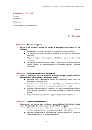 REFERENCIAL de EDUCAÇÃO AMBIENTAL PARA A SUSTENTABILIDADE
ENSINO SECUNDÁRIO
Temas
Subtemas
Objetivos
Descritores de Desempenho
TEMA
- 92 -
VI – Energia
Subtema A – Recursos energéticos
 Conhecer as diferentes fontes de energia e vantagens/desvantagens da sua
utilização
 Distinguir fontes de energia renováveis de fontes de energia não renováveis.
 Dar exemplos de fontes de energia renováveis e de fontes de energia não
renováveis.
 Pesquisar vantagens e desvantagens da utilização de energias renováveis e não
renováveis.
 Compreender a necessidade do uso eficiente e sustentado dos recursos naturais, de
forma a garantir a sua viabilidade numa escala temporal adequada à respetiva
recuperação.
Subtema B – Problemas energéticos do mundo atual
 Avaliar as implicações sociais e ambientais do modelo energético vigente baseado
essencialmente no recurso aos combustíveis fósseis
 Reconhecer que a dependência mundial dos combustíveis fósseis levará ao
esgotamento das reservas atuais.
 Compreender as implicações da exploração dos combustíveis fósseis,
designadamente o petróleo, em muitas guerras e conflitos entre países.
 Identificar impactes ambientais resultantes do recurso aos combustíveis fósseis,
nomeadamente o aumento da concentração de gases com efeito de estufa na
atmosfera.
 Pesquisar alternativas para minorar a dependência dos combustíveis fósseis.
Subtema C – Sustentabilidade energética
 Reconhecer o uso de energias renováveis e a promoção da eficiência energética
como dois pilares fundamentais para a sustentabilidade energética
 Relacionar a eficiência energética com o uso de tecnologias e processos que
permitem reduzir ao máximo o desperdício de energia em todas as fases.
 Identificar comportamentos promotores da "Utilização Racional da Energia” e
consequente diminuição do desperdício energético.
 