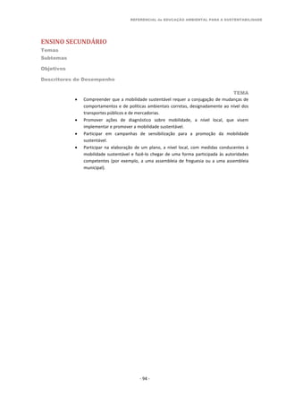 REFERENCIAL de EDUCAÇÃO AMBIENTAL PARA A SUSTENTABILIDADE
ENSINO SECUNDÁRIO
Temas
Subtemas
Objetivos
Descritores de Desempenho
TEMA
- 94 -
 Compreender que a mobilidade sustentável requer a conjugação de mudanças de
comportamentos e de políticas ambientais corretas, designadamente ao nível dos
transportes públicos e de mercadorias.
 Promover ações de diagnóstico sobre mobilidade, a nível local, que visem
implementar e promover a mobilidade sustentável.
 Participar em campanhas de sensibilização para a promoção da mobilidade
sustentável.
 Participar na elaboração de um plano, a nível local, com medidas conducentes à
mobilidade sustentável e fazê-lo chegar de uma forma participada às autoridades
competentes (por exemplo, a uma assembleia de freguesia ou a uma assembleia
municipal).
 