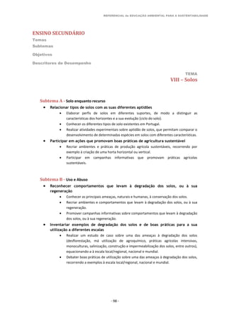 REFERENCIAL de EDUCAÇÃO AMBIENTAL PARA A SUSTENTABILIDADE
ENSINO SECUNDÁRIO
Temas
Subtemas
Objetivos
Descritores de Desempenho
TEMA
- 98 -
VIII – Solos
Subtema A - Solo enquanto recurso
 Relacionar tipos de solos com as suas diferentes aptidões
 Elaborar perfis de solos em diferentes suportes, de modo a distinguir as
características dos horizontes e a sua evolução (ciclo do solo).
 Conhecer os diferentes tipos de solo existentes em Portugal.
 Realizar atividades experimentais sobre aptidão de solos, que permitam comparar o
desenvolvimento de determinadas espécies em solos com diferentes características.
 Participar em ações que promovam boas práticas de agricultura sustentável
 Recriar ambientes e práticas de produção agrícola sustentáveis, recorrendo por
exemplo à criação de uma horta horizontal ou vertical.
 Participar em campanhas informativas que promovam práticas agrícolas
sustentáveis.
Subtema B - Uso e Abuso
 Reconhecer comportamentos que levam à degradação dos solos, ou à sua
regeneração
 Conhecer as principais ameaças, naturais e humanas, à conservação dos solos.
 Recriar ambientes e comportamentos que levam à degradação dos solos, ou à sua
regeneração.
 Promover campanhas informativas sobre comportamentos que levam à degradação
dos solos, ou à sua regeneração.
 Inventariar exemplos de degradação dos solos e de boas práticas para a sua
utilização a diferentes escalas
 Realizar um estudo de caso sobre uma das ameaças à degradação dos solos
(desflorestação, má utilização de agroquímico, práticas agrícolas intensivas,
monoculturas, salinização, construção e impermeabilização dos solos, entre outros),
equacionando-a à escala local/regional, nacional e mundial.
 Debater boas práticas de utilização sobre uma das ameaças à degradação dos solos,
recorrendo a exemplos à escala local/regional, nacional e mundial.
 