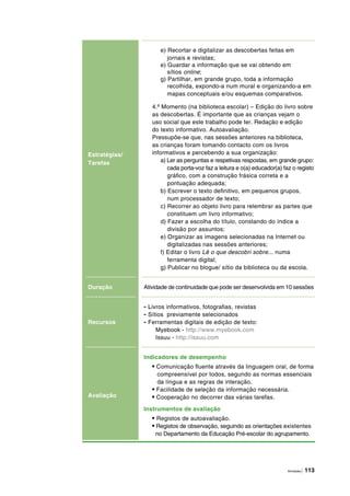 Atividades | 113
Estratégias/
Tarefas
e) Recortar e digitalizar as descobertas feitas em
jornais e revistas;
e) Guardar a informação que se vai obtendo em
sítios online;
g) Partilhar, em grande grupo, toda a informação
recolhida, expondo‑a num mural e organizando‑a em
mapas conceptuais e/ou esquemas comparativos.
4.º Momento (na biblioteca escolar) – Edição do livro sobre
as descobertas. É importante que as crianças vejam o
uso social que este trabalho pode ter. Redação e edição
do texto informativo. Autoavaliação.
Pressupõe‑se que, nas sessões anteriores na biblioteca,
as crianças foram tomando contacto com os livros
informativos e percebendo a sua organização:
a) Ler as perguntas e respetivas respostas, em grande grupo:
cada porta-voz faz a leitura e o(a) educador(a) faz o registo
gráfico, com a construção frásica correta e a
pontuação adequada;
b) Escrever o texto definitivo, em pequenos grupos,
num processador de texto;
c) Recorrer ao objeto livro para relembrar as partes que
constituem um livro informativo;
d) Fazer a escolha do título, constando do índice a
divisão por assuntos;
e) Organizar as imagens selecionadas na Internet ou
digitalizadas nas sessões anteriores;
f) Editar o livro Lê o que descobri sobre... numa
ferramenta digital;
g) Publicar no blogue/ sítio da biblioteca ou da escola.
Duração Atividade de continuidade que pode ser desenvolvida em 10 sessões
Recursos
- Livros informativos, fotografias, revistas
- Sítios previamente selecionados
- Ferramentas digitais de edição de texto:
Myebook - http://www.myebook.com
Issuu - http://issuu.com
Avaliação
Indicadores de desempenho
• Comunicação fluente através da linguagem oral, de forma
compreensível por todos, segundo as normas essenciais
da língua e as regras de interação.
• Facilidade de seleção da informação necessária.
• Cooperação no decorrer das várias tarefas.
Instrumentos de avaliação
• Registos de autoavaliação.
• Registos de observação, seguindo as orientações existentes
no Departamento da Educação Pré-escolar do agrupamento.
 