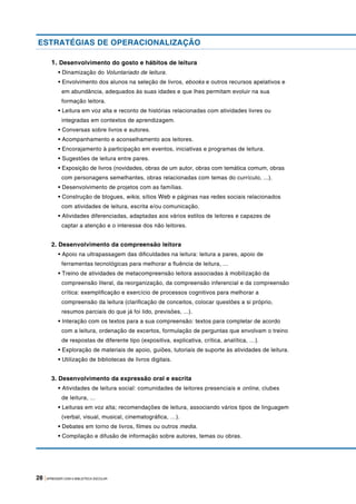 28 |APRENDER COM A BIBLIOTECA ESCOLAR
1. Desenvolvimento do gosto e hábitos de leitura
• Dinamização do Voluntariado de leitura.
• Envolvimento dos alunos na seleção de livros, ebooks e outros recursos apelativos e
em abundância, adequados às suas idades e que lhes permitam evoluir na sua
formação leitora.
• Leitura em voz alta e reconto de histórias relacionadas com atividades livres ou
integradas em contextos de aprendizagem.
• Conversas sobre livros e autores.
• Acompanhamento e aconselhamento aos leitores.
• Encorajamento à participação em eventos, iniciativas e programas de leitura.
• Sugestões de leitura entre pares.
• Exposição de livros (novidades, obras de um autor, obras com temática comum, obras
com personagens semelhantes, obras relacionadas com temas do currículo, ...).
• Desenvolvimento de projetos com as famílias.
• Construção de blogues, wikis, sítios Web e páginas nas redes sociais relacionados
com atividades de leitura, escrita e/ou comunicação.
• Atividades diferenciadas, adaptadas aos vários estilos de leitores e capazes de
captar a atenção e o interesse dos não leitores.
2. Desenvolvimento da compreensão leitora
• Apoio na ultrapassagem das dificuldades na leitura: leitura a pares, apoio de
ferramentas tecnológicas para melhorar a fluência de leitura, ...
• Treino de atividades de metacompreensão leitora associadas à mobilização da
compreensão literal, da reorganização, da compreensão inferencial e da compreensão
crítica: exemplificação e exercício de processos cognitivos para melhorar a
compreensão da leitura (clarificação de conceitos, colocar questões a si próprio,
resumos parciais do que já foi lido, previsões, ...).
• Interação com os textos para a sua compreensão: textos para completar de acordo
com a leitura, ordenação de excertos, formulação de perguntas que envolvam o treino
de respostas de diferente tipo (expositiva, explicativa, crítica, analítica, …).
• Exploração de materiais de apoio, guiões, tutoriais de suporte às atividades de leitura.
• Utilização de bibliotecas de livros digitais.
3. Desenvolvimento da expressão oral e escrita
• Atividades de leitura social: comunidades de leitores presenciais e online, clubes
de leitura, ...
• Leituras em voz alta; recomendações de leitura, associando vários tipos de linguagem
(verbal, visual, musical, cinematográfica, …).
• Debates em torno de livros, filmes ou outros media.
• Compilação e difusão de informação sobre autores, temas ou obras.
ESTRATÉGIAS DE OPERACIONALIZAÇÃO
 
