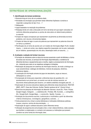 50 |APRENDER COM A BIBLIOTECA ESCOLAR
1. Identificação de temas/ problemas
• Brainstorming em torno de um problema dado.
• Atividades de simulação que permitam testar diferentes hipóteses e cenários e
responder a perguntas do tipo: E se …?
• Webquests.
• Jogos baseados na resolução de problemas.
• Roleplays tendo em vista a discussão em torno de temas em que sejam colocadas em
confronto diferentes perspetivas ou pontos de vista sobre um determinado problema
ou assunto.
• Criação de mapas conceptuais que representem visualmente as dimensões do tema/
problema, com recurso a ferramentas digitais.
• Criação de listas de tags e nuvens de palavras que representem as palavras-chave de
um tema ou problema.
• Planificação de um tema de acordo com um modelo de informação (Big6, PLUS, Guided
Inquiry,…), tendo em conta o seu objetivo específico (exposição oral na aula, realização
de um relatório, apresentação de uma obra, dissertação sobre um assunto, …).
2. Avaliação e seleção de fontes/ recursos
• Formação de utilizadores sobre os tipos de recursos acessíveis a partir da biblioteca, a forma
de acesso aos recursos, os serviços de informação disponibilizados, a existência de
diferentes técnicas e equipamentos para a recolha, registo e processamento de informação,
etc., indicando para cada um as respetivas vantagens e limitações.
• Realização de pesquisas em sistemas de informação diversos, de modo a distinguir as
suas características: catálogos de biblioteca, motores de pesquisa, diretórios,
bibliotecas digitais, ...
• Localização de informação através de jogos de descoberta, caças ao tesouro,
bibliopapers ou outros.
• Comparação de fontes para responder a diferentes tipos de questões (Ex.: um
acontecimento num jornal local, um evento num site de notícias nacional, um
documento oficial publicado pelo Governo, um relatório estatístico divulgado pela UE, …).
• Exploração de recursos educativos digitais para diferentes áreas disciplinares: REATAR
(BNP), ANTT, Casa das Ciências, Guiões “Newton gostava de ler”, Escola Virtual, ...
• Exercícios de pesquisa de informação de diferente natureza: visual (Ex.: Flickr, Picasa,
Google Images, Instagram, …), estatística (Ex.: Pordata, INE, Eurostat,…), cartográfica
(Ex.: Google Earth, Google Maps,…), sonora (Ex.: Spotify, Youtube, …), …
• Avaliação de documentos escritos, audiovisuais e multimédia a partir de diferentes
critérios (hierárquicos, cronológicos, geográficos, autorais, …).
• Visita presencial e/ou virtual a outras bibliotecas e instituições (bibliotecas públicas,
museus, arquivos, centros de documentação, …).
• Exploração de apps e software educativo sobre diferentes temas.
• Utilização de programas de comunicação (chat, e-mail, videoconferência, redes sociais),
que facilitem a colaboração e o contacto com pessoas ou instituições que possam
constituir-se como fontes de informação úteis.
ESTRATÉGIAS DE OPERACIONALIZAÇÃO
 
