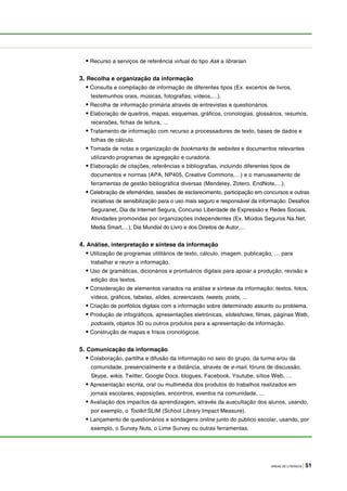 ÁREAS DE LITERACIA | 51
• Recurso a serviços de referência virtual do tipo Ask a librarian.
3. Recolha e organização da informação
• Consulta e compilação de informação de diferentes tipos (Ex. excertos de livros,
testemunhos orais, músicas, fotografias; vídeos,…).
• Recolha de informação primária através de entrevistas e questionários.
• Elaboração de quadros, mapas, esquemas, gráficos, cronologias, glossários, resumos,
recensões, fichas de leitura, …
• Tratamento de informação com recurso a processadores de texto, bases de dados e
folhas de cálculo.
• Tomada de notas e organização de bookmarks de websites e documentos relevantes
utilizando programas de agregação e curadoria.
• Elaboração de citações, referências e bibliografias, incluindo diferentes tipos de
documentos e normas (APA, NP405, Creative Commons,…) e o manuseamento de
ferramentas de gestão bibliográfica diversas (Mendeley, Zotero, EndNote,…).
• Celebração de efemérides, sessões de esclarecimento, participação em concursos e outras
iniciativas de sensibilização para o uso mais seguro e responsável da informação: Desafios
Seguranet, Dia da Internet Segura, Concurso Liberdade de Expressão e Redes Sociais,
Atividades promovidas por organizações independentes (Ex. Miúdos Seguros Na.Net,
Media Smart,…), Dia Mundial do Livro e dos Direitos de Autor,…
4. Análise, interpretação e síntese da informação
• Utilização de programas utilitários de texto, cálculo, imagem, publicação, … para
trabalhar e reunir a informação.
• Uso de gramáticas, dicionários e prontuários digitais para apoiar a produção, revisão e
edição dos textos.
• Consideração de elementos variados na análise e síntese da informação: textos, fotos,
vídeos, gráficos, tabelas, slides, screencasts, tweets, posts, ...
• Criação de portfólios digitais com a informação sobre determinado assunto ou problema.
• Produção de infográficos, apresentações eletrónicas, slideshows, filmes, páginas Web,
podcasts, objetos 3D ou outros produtos para a apresentação da informação.
• Construção de mapas e frisos cronológicos.
5. Comunicação da informação
• Colaboração, partilha e difusão da informação no seio do grupo, da turma e/ou da
comunidade, presencialmente e a distância, através de e-mail, fóruns de discussão,
Skype, wikis, Twitter, Google Docs, blogues, Facebook, Youtube, sítios Web, …
• Apresentação escrita, oral ou multimédia dos produtos do trabalhos realizados em
jornais escolares, exposições, encontros, eventos na comunidade, …
• Avaliação dos impactos da aprendizagem, através da auscultação dos alunos, usando,
por exemplo, o Toolkit SLIM (School Library Impact Measure).
• Lançamento de questionários e sondagens online junto do público escolar, usando, por
exemplo, o Survey Nuts, o Lime Survey ou outras ferramentas.
 