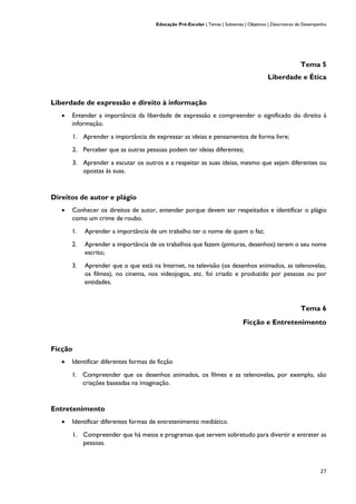 Educação Pré-Escolar | Temas | Subtemas | Objetivos | Descritores de Desempenho
27
Tema 5
Liberdade e Ética
Liberdade de expressão e direito à informação
• Entender a importância da liberdade de expressão e compreender o significado do direito à
informação.
1. Aprender a importância de expressar as ideias e pensamentos de forma livre;
2. Perceber que as outras pessoas podem ter ideias diferentes;
3. Aprender a escutar os outros e a respeitar as suas ideias, mesmo que sejam diferentes ou
opostas às suas.
Direitos de autor e plágio
• Conhecer os direitos de autor, entender porque devem ser respeitados e identificar o plágio
como um crime de roubo.
1. Aprender a importância de um trabalho ter o nome de quem o faz;
2. Aprender a importância de os trabalhos que fazem (pinturas, desenhos) terem o seu nome
escrito;
3. Aprender que o que está na Internet, na televisão (os desenhos animados, as telenovelas,
os filmes), no cinema, nos videojogos, etc. foi criado e produzido por pessoas ou por
entidades.
Tema 6
Ficção e Entretenimento
Ficção
• Identificar diferentes formas de ficção
1. Compreender que os desenhos animados, os filmes e as telenovelas, por exemplo, são
criações baseadas na imaginação.
Entretenimento
• Identificar diferentes formas de entretenimento mediático.
1. Compreender que há meios e programas que servem sobretudo para divertir e entreter as
pessoas.
 