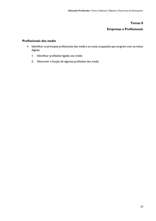 Educação Pré-Escolar | Temas | Subtemas | Objetivos | Descritores de Desempenho
29
Temas 8
Empresas e Profissionais
Profissionais dos media
• Identificar os principais profissionais dos media e as novas ocupações que surgiram com os meios
digitais.
1. Identificar profissões ligadas aos media;
2. Descrever a função de algumas profissões dos media.
 