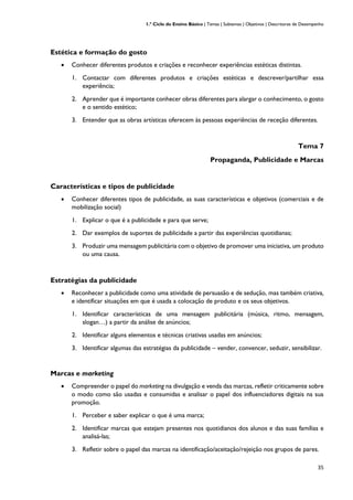 1.º Ciclo do Ensino Básico | Temas | Subtemas | Objetivos | Descritores de Desempenho
35
Estética e formação do gosto
• Conhecer diferentes produtos e criações e reconhecer experiências estéticas distintas.
1. Contactar com diferentes produtos e criações estéticas e descrever/partilhar essa
experiência;
2. Aprender que é importante conhecer obras diferentes para alargar o conhecimento, o gosto
e o sentido estético;
3. Entender que as obras artísticas oferecem às pessoas experiências de receção diferentes.
Tema 7
Propaganda, Publicidade e Marcas
Características e tipos de publicidade
• Conhecer diferentes tipos de publicidade, as suas características e objetivos (comerciais e de
mobilização social)
1. Explicar o que é a publicidade e para que serve;
2. Dar exemplos de suportes de publicidade a partir das experiências quotidianas;
3. Produzir uma mensagem publicitária com o objetivo de promover uma iniciativa, um produto
ou uma causa.
Estratégias da publicidade
• Reconhecer a publicidade como uma atividade de persuasão e de sedução, mas também criativa,
e identificar situações em que é usada a colocação de produto e os seus objetivos.
1. Identificar características de uma mensagem publicitária (música, ritmo, mensagem,
slogan…) a partir da análise de anúncios;
2. Identificar alguns elementos e técnicas criativas usadas em anúncios;
3. Identificar algumas das estratégias da publicidade – vender, convencer, seduzir, sensibilizar.
Marcas e marketing
• Compreender o papel do marketing na divulgação e venda das marcas, refletir criticamente sobre
o modo como são usadas e consumidas e analisar o papel dos influenciadores digitais na sua
promoção.
1. Perceber e saber explicar o que é uma marca;
2. Identificar marcas que estejam presentes nos quotidianos dos alunos e das suas famílias e
analisá-las;
3. Refletir sobre o papel das marcas na identificação/aceitação/rejeição nos grupos de pares.
 