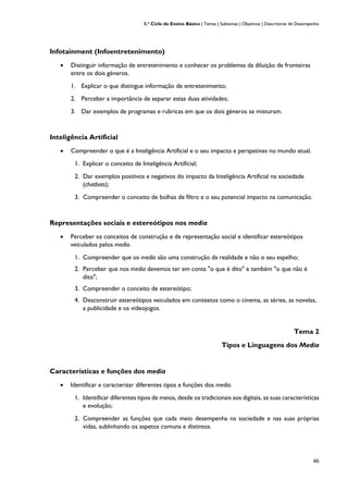 3.º Ciclo do Ensino Básico | Temas | Subtemas | Objetivos | Descritores de Desempenho
46
Infotainment (Infoentretenimento)
• Distinguir informação de entretenimento e conhecer os problemas da diluição de fronteiras
entre os dois géneros.
1. Explicar o que distingue informação de entretenimento;
2. Perceber a importância de separar estas duas atividades;
3. Dar exemplos de programas e rubricas em que os dois géneros se misturam.
Inteligência Artificial
• Compreender o que é a Inteligência Artificial e o seu impacto e perspetivas no mundo atual.
1. Explicar o conceito de Inteligência Artificial;
2. Dar exemplos positivos e negativos do impacto da Inteligência Artificial na sociedade
(chatbots);
3. Compreender o conceito de bolhas de filtro e o seu potencial impacto na comunicação.
Representações sociais e estereótipos nos media
• Perceber os conceitos de construção e de representação social e identificar estereótipos
veiculados pelos media.
1. Compreender que os media são uma construção da realidade e não o seu espelho;
2. Perceber que nos media devemos ter em conta "o que é dito" e também "o que não é
dito";
3. Compreender o conceito de estereótipo;
4. Desconstruir estereótipos veiculados em contextos como o cinema, as séries, as novelas,
a publicidade e os videojogos.
Tema 2
Tipos e Linguagens dos Media
Características e funções dos media
• Identificar e caracterizar diferentes tipos e funções dos media.
1. Identificar diferentes tipos de meios, desde os tradicionais aos digitais, as suas características
e evolução;
2. Compreender as funções que cada meio desempenha na sociedade e nas suas próprias
vidas, sublinhando os aspetos comuns e distintos.
 
