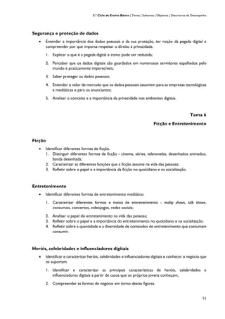3.º Ciclo do Ensino Básico | Temas | Subtemas | Objetivos | Descritores de Desempenho
51
Segurança e proteção de dados
• Entender a importância dos dados pessoais e da sua proteção, ter noção da pegada digital e
compreender por que importa respeitar o direito à privacidade.
1. Explicar o que é a pegada digital e como pode ser reduzida;
2. Perceber que os dados digitais são guardados em numerosos servidores espalhados pelo
mundo e praticamente imperecíveis;
3. Saber proteger os dados pessoais;
4. Entender o valor de mercado que os dados pessoais assumem para as empresas tecnológicas
e mediáticas e para os anunciantes;
5. Analisar o conceito e a importância da privacidade nos ambientes digitais.
Tema 6
Ficção e Entretenimento
Ficção
• Identificar diferentes formas de ficção.
1. Distinguir diferentes formas de ficção - cinema, séries, telenovelas, desenhados animados,
banda desenhada;
2. Caracterizar as diferentes funções que a ficção assume na vida das pessoas;
3. Refletir sobre o papel e a importância da ficção no quotidiano e na socialização.
Entretenimento
• Identificar diferentes formas de entretenimento mediático.
1. Caracterizar diferentes formas e meios de entretenimento - reality shows, talk shows,
concursos, concertos, videojogos, redes sociais;
2. Analisar o papel do entretenimento na vida das pessoas;
3. Refletir sobre o papel e a importância do entretenimento no quotidiano e na socialização.
4. Refletir sobre a quantidade e a diversidade de conteúdos de entretenimento que costumam
consumir.
Heróis, celebridades e influenciadores digitais
• Identificar e caracterizar heróis, celebridades e influenciadores digitais e conhecer o negócio que
os suportam.
1. Identificar e caracterizar as principais características de heróis, celebridades e
influenciadores digitais a partir de casos que os próprios jovens conheçam;
2. Compreender as formas de negócio em torno destas figuras.
 