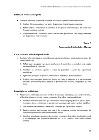 3.º Ciclo do Ensino Básico | Temas | Subtemas | Objetivos | Descritores de Desempenho
52
Estética e formação do gosto
• Conhecer diferentes produtos e criações e reconhecer experiências estéticas distintas.
1. Analisar diferentes produtos e criações do ponto de vista da linguagem estética;
2. Refletir sobre a importância de conhecer e de apreciar diferentes tipos de obras com
linguagens estéticas variadas;
3. Compreender que a construção estética de uma obra proporciona uma receção diferente
até do ponto de vista emocional.
Tema 7
Propaganda, Publicidade e Marcas
Características e tipos de publicidade
• Conhecer diferentes tipos de publicidade, as suas características e objetivos (comerciais e de
mobilização social).
1. Refletir sobre o papel, a importância e as funções da publicidade na sociedade e na criação
de necessidades de consumo;
2. Identificar os principais suportes e meios de publicidade a partir das experiências
quotidianas;
3. Apresentar exemplos do papel da publicidade na mobilização de causas sociais;
4. Produzir uma mensagem publicitária (tendo por base os objetivos e as características
analisadas previamente) com o objetivo de promover uma iniciativa, um produto ou uma
causa.
Estratégias da publicidade
• Reconhecer a publicidade como uma atividade de persuasão e de sedução, mas também criativa,
e identificar situações em que é usada a colocação de produto e os seus objetivos.
1. Identificar elementos e técnicas que caracterizam uma mensagem publicitária (música, ritmo,
mensagem, slogan…) indicando os que são mais usados para persuadir e seduzir o público;
2. Dar exemplos de elementos e de técnicas criativas a que a publicidade recorre;
3. Explicar como os algoritmos gerados a partir das práticas de pesquisa, de interesses e de
consumo condicionam a publicidade nas redes sociais;
4. Identificar situações em que os media recorrem à colocação de produto (product placement)
– nos videojogos, nos programas televisivos, etc. – e a conteúdo patrocinado (branded
content).
 