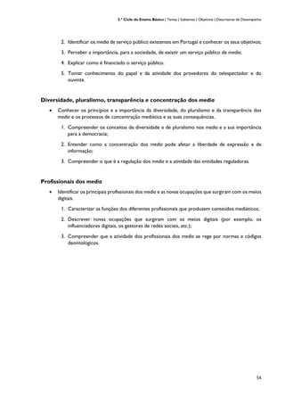 3.º Ciclo do Ensino Básico | Temas | Subtemas | Objetivos | Descritores de Desempenho
54
2. Identificar os media de serviço público existentes em Portugal e conhecer os seus objetivos;
3. Perceber a importância, para a sociedade, de existir um serviço público de media;
4. Explicar como é financiado o serviço público.
5. Tomar conhecimento do papel e da atividade dos provedores do telespectador e do
ouvinte.
Diversidade, pluralismo, transparência e concentração dos media
• Conhecer os princípios e a importância da diversidade, do pluralismo e da transparência dos
media e os processos de concentração mediática e as suas consequências.
1. Compreender os conceitos de diversidade e de pluralismo nos media e a sua importância
para a democracia;
2. Entender como a concentração dos media pode afetar a liberdade de expressão e de
informação;
3. Compreender o que é a regulação dos media e a atividade das entidades reguladoras.
Profissionais dos media
• Identificar os principais profissionais dos media e as novas ocupações que surgiram com os meios
digitais.
1. Caracterizar as funções dos diferentes profissionais que produzem conteúdos mediáticos;
2. Descrever novas ocupações que surgiram com os meios digitais (por exemplo, os
influenciadores digitais, os gestores de redes sociais, etc.);
3. Compreender que a atividade dos profissionais dos media se rege por normas e códigos
deontológicos.
 