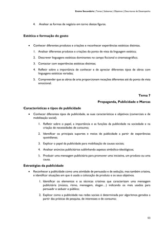 Ensino Secundário | Temas | Subtemas | Objetivos | Descritores de Desempenho
63
4. Analisar as formas de negócio em torno destas figuras.
Estética e formação do gosto
• Conhecer diferentes produtos e criações e reconhecer experiências estéticas distintas.
1. Analisar diferentes produtos e criações do ponto de vista da linguagem estética;
2. Descrever linguagens estéticas dominantes no campo ficcional e cinematográfico;
3. Contactar com experiências estéticas distintas;
4. Refletir sobre a importância de conhecer e de apreciar diferentes tipos de obras com
linguagens estéticas variadas;
5. Compreender que as obras de arte proporcionam receções diferentes até do ponto de vista
emocional.
Tema 7
Propaganda, Publicidade e Marcas
Características e tipos de publicidade
• Conhecer diferentes tipos de publicidade, as suas características e objetivos (comerciais e de
mobilização social).
1. Refletir sobre o papel, a importância e as funções da publicidade na sociedade e na
criação de necessidades de consumo;
2. Identificar os principais suportes e meios de publicidade a partir de experiências
quotidianas;
3. Explicar o papel da publicidade para mobilização de causas sociais;
4. Analisar anúncios publicitários sublinhando aspetos simbólico-ideológicos;
5. Produzir uma mensagem publicitária para promover uma iniciativa, um produto ou uma
causa.
Estratégias da publicidade
• Reconhecer a publicidade como uma atividade de persuasão e de sedução, mas também criativa,
e identificar situações em que é usada a colocação de produto e os seus objetivos.
1. Identificar os elementos e as técnicas criativas que caracterizam uma mensagem
publicitária (música, ritmo, mensagem, slogan…) indicando os mais usados para
persuadir e seduzir o público;
2. Explicar como a publicidade nas redes sociais é determinada por algoritmos gerados a
partir das práticas de pesquisa, de interesses e de consumo;
 