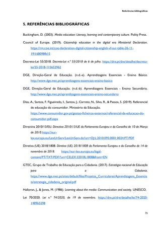 Referências bibliográficas
79
5. REFERÊNCIAS BIBLIOGRÁFICAS
Buckingham, D. (2003). Media education: Literacy, learning and contemporary culture. Polity Press.
Council of Europe. (2019). Citizenship education in the digital era Ministerial Declaration.
https://rm.coe.int/coe-declaration-digital-citizenship-english-vf-sur-table-26-11-
19/168098fb15
Decreto-Lei 55/2018. Decreto-Lei n.º 55/2018 de 6 de julho. https://dre.pt/dre/detalhe/decreto-
lei/55-2018-115652962
DGE, Direção-Geral de Educação. (n.d.-a). Aprendizagens Essenciais - Ensino Básico.
http://www.dge.mec.pt/aprendizagens-essenciais-ensino-basico
DGE, Direção-Geral de Educação. (n.d.-b). Aprendizagens Essenciais - Ensino Secundário.
http://www.dge.mec.pt/aprendizagens-essenciais-ensino-secundario
Dias, A., Santos, F. Figueiredo, I., Santos, J., Carreto, N., Silva, R., & Passos, S. (2019). Referencial
de educação do consumidor. Ministério da Educação.
https://www.consumidor.gov.pt/gestao-ficheiros-externos/referencial-de-educacao-do-
consumidor-pdf.aspx
Directiva 2010/13/EU. Directiva 2010/13/UE do Parlamento Europeu e do Conselho de 10 de Março
de 2010.https://eur-
lex.europa.eu/LexUriServ/LexUriServ.do?uri=OJ:L:2010:095:0001:0024:PT:PDF
Diretiva (UE) 2018/1808. Diretiva (UE) 2018/1808 do Parlamento Europeu e do Conselho de 14 de
novembro de 2018. https://eur-lex.europa.eu/legal-
content/PT/TXT/PDF/?uri=CELEX:32018L1808&from=EN
GTEC, Grupo de Trabalho de Educação para a Cidadania. (2017). Estratégia nacional de Educação
para a Cidadania.
https://www.dge.mec.pt/sites/default/files/Projetos_Curriculares/Aprendizagens_Essencia
is/estrategia_cidadania_original.pdf
Halloran, J., & Jones, M. (1986). Learning about the media: Communication and society. UNESCO.
Lei 70/2020. Lei n.º 74/2020, de 19 de novembro. https://dre.pt/dre/detalhe/lei/74-2020-
148963298
 