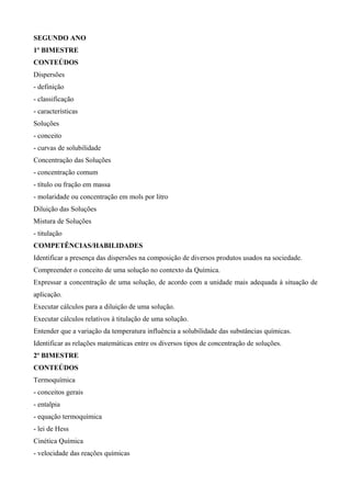 SEGUNDO ANO
1º BIMESTRE
CONTEÚDOS
Dispersões
- definição
- classificação
- características
Soluções
- conceito
- curvas de solubilidade
Concentração das Soluções
- concentração comum
- título ou fração em massa
- molaridade ou concentração em mols por litro
Diluição das Soluções
Mistura de Soluções
- titulação
COMPETÊNCIAS/HABILIDADES
Identificar a presença das dispersões na composição de diversos produtos usados na sociedade.
Compreender o conceito de uma solução no contexto da Química.
Expressar a concentração de uma solução, de acordo com a unidade mais adequada à situação de
aplicação.
Executar cálculos para a diluição de uma solução.
Executar cálculos relativos à titulação de uma solução.
Entender que a variação da temperatura influência a solubilidade das substâncias químicas.
Identificar as relações matemáticas entre os diversos tipos de concentração de soluções.
2º BIMESTRE
CONTEÚDOS
Termoquímica
- conceitos gerais
- entalpia
- equação termoquímica
- lei de Hess
Cinética Química
- velocidade das reações químicas
 