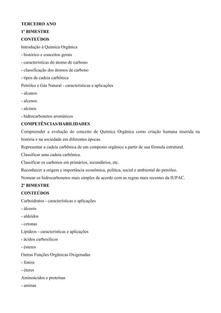 TERCEIRO ANO
1º BIMESTRE
CONTEÚDOS
Introdução à Química Orgânica
- histórico e conceitos gerais
- características do átomo de carbono
- classificação dos átomos de carbono
- tipos de cadeia carbônica
Petróleo e Gás Natural - características e aplicações
- alcanos
- alcenos
- alcinos
- hidrocarbonetos aromáticos
COMPETÊNCIAS/HABILIDADES
Compreender a evolução do conceito de Química Orgânica como criação humana inserida na
história e na sociedade em diferentes épocas.
Representar a cadeia carbônica de um composto orgânico a partir de sua fórmula estrutural.
Classificar uma cadeia carbônica.
Classificar os carbonos em primários, secundários, etc.
Reconhecer a origem e importância econômica, política, social e ambiental do petróleo.
Nomear os hidrocarbonetos mais simples de acordo com as regras mais recentes da IUPAC.
2º BIMESTRE
CONTEÚDOS
Carboidratos - características e aplicações
- álcoois
- aldeídos
- cetonas
Lipídeos - características e aplicações
- ácidos carboxílicos
- ésteres
Outras Funções Orgânicas Oxigenadas
- fenóis
- éteres
Aminoácidos e proteínas
- aminas
 