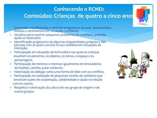  Expressão, manifestação e controle progressivo de suas necessidades,
desejos e sentimentos em situações cotidianas.
 Iniciativa para resolver pequenos problemas do cotidiano, pedindo
ajuda se necessário.
 Identificação progressiva de algumas singularidades próprias e das
pessoas com as quais convive no seu cotidiano em situações de
interação.
 Participação em situações de brincadeira nas quais as crianças
escolham os parceiros, os objetos, os temas, o espaço e as
personagens.
 Participação de meninos e meninas igualmente em brincadeiras
de futebol, casinha, pular corda etc.
 Valorização do diálogo como uma forma de lidar com os conflitos.
 Participação na realização de pequenas tarefas do cotidiano que
envolvam ações de cooperação, solidariedade e ajuda na relação
com os outros.
 Respeito e valorização da cultura de seu grupo de origem e de
outros grupos.
Conhecendo o RCNEI:
Conteúdos: Crianças de quatro a cinco anos
 