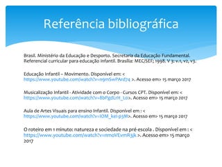 Brasil. Ministério da Educação e Desporto. Secretaria da Educação Fundamental.
Referencial curricular para educação infantil. Brasília: MEC/SEF; 1998. V 3: v.1, v2, v3.
Educação Infantil – Movimento. Disponível em: <
https://www.youtube.com/watch?v=n9mSwPArd74 >. Acesso em> 15 março 2017
Musicalização Infantil - Atividade com o Corpo - Cursos CPT. Disponível em: <
https://www.youtube.com/watch?v=8bPgdLrH_L0>. Acesso em> 15 março 2017
Aula de Artes Visuais para ensino Infantil. Disponível em : <
https://www.youtube.com/watch?v=IOM_keI-p3M>. Acesso em> 15 março 2017
O roteiro em 1 minuto: natureza e sociedade na pré-escola . Disponível em : <
https://www.youtube.com/watch?v=nmoVEvmR3jk >. Acesso em> 15 março
2017
Referência bibliográfica
 