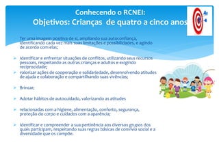  Ter uma imagem positiva de si, ampliando sua autoconfiança,
identificando cada vez mais suas limitações e possibilidades, e agindo
de acordo com elas;
 Identificar e enfrentar situações de conflitos, utilizando seus recursos
pessoais, respeitando as outras crianças e adultos e exigindo
reciprocidade;
 valorizar ações de cooperação e solidariedade, desenvolvendo atitudes
de ajuda e colaboração e compartilhando suas vivências;
 Brincar;
 Adotar hábitos de autocuidado, valorizando as atitudes
 relacionadas com a higiene, alimentação, conforto, segurança,
proteção do corpo e cuidados com a aparência;
 Identificar e compreender a sua pertinência aos diversos grupos dos
quais participam, respeitando suas regras básicas de convívio social e a
diversidade que os compõe.
Conhecendo o RCNEI:
Objetivos: Crianças de quatro a cinco anos
 