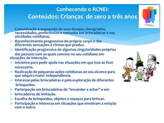  Comunicação e expressão de seus desejos, desagrados,
necessidades, preferências e vontades em brincadeiras e nas
atividades cotidianas.
 Reconhecimento progressivo do próprio corpo e das
diferentes sensações e ritmos que produz.
 Identificação progressiva de algumas singularidades próprias
das pessoas com as quais convive no seu cotidiano em
situações de interação.
 Iniciativa para pedir ajuda nas situações em que isso se fizer
necessário.
 Realização de pequenas ações cotidianas ao seu alcance para
que adquira maior independência.
 Interesse pelas brincadeiras e pela exploração de diferentes
brinquedos.
 Participação em brincadeiras de “esconder e achar” e em
 brincadeiras de imitação.
 Escolha de brinquedos, objetos e espaços para brincar.
 Participação e interesse em situações que envolvam a relação
com o outro.
Conhecendo o RCNEI:
Conteúdos: Crianças de zero a três anos
 
