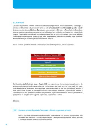 2.2. Estrutura 
De forma a garantir o carácter contextualizado das competências, a Área Sociedade, Tecnologia e 
Ciência do Referencial estrutura-se em torno de sete Unidades de Competência (UC) geradas a partir 
de sete grandes núcleos (Núcleos Geradores) que projectam a Ciência e a Tecnologia na Sociedade, 
e que se traduzem na maioria dos casos, por competências-chave existentes, em ligação com a experiência 
de vida. Pela sua transversalidade e omnipresença na vida de todos os cidadãos, bem como pelo seu 
potencial de transferibilidade, sugere-se que estes núcleos sejam considerados também como contextos-âncora 
na validação e certificação de competências em STC. 
Esses núcleos, geradores de cada uma das Unidades de Competência, são os seguintes: 
Equipamentos e Sistemas Técnicos (EST) 
Ambiente e Sustentabilidade (AS) 
Saúde (S) 
Gestão e Economia (GE) 
Tecnologias de Informação e Comunicação (TIC) 
Urbanismo e Mobilidade (UM) 
Saberes Fundamentais (SF) 
Os Domínios de Referência para a Acção (DR) correspondem a elementos contextualizadores do 
accionamento das competências a evidenciar. O mundo em que cada um vive inclui, cada vez mais, 
uma pluralidade de dimensões, entre as quais, a sua vida privada, a sua vida profissional, também o 
viver institucional, ou seja, a interacção contínua com diversos sistemas e organizações e ainda a 
compreensão da vida quotidiana com base em processos espácio-temporais mais amplos, permitindo-se 
perspectivar as relações entre lugares, o passado, o presente e o futuro. 
São eles: 
Contexto privado (Sociedade, Tecnologia e Ciência no contexto privado) 
DR1 _ A grande diversidade de experiências e saberes de foro privado adquiridos na vida 
quotidiana dos indivíduos é o ponto de partida para a definição de competências sociais, técnicas 
e cientificas a serem evidenciadas neste domínio. 
50 
DR1 
 