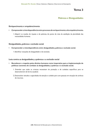 | 20 | Referencial de Educação para o Desenvolvimento
Educação Pré- Escolar | Temas | Subtemas | Objetivos | Descritores de Desempenho
Tema 3
Pobreza e Desigualdades
Enriquecimento e empobrecimento
•	 Compreender a interdependência entre processos de enriquecimento e de empobrecimento.
1. Adquirir as noções de riqueza e de pobreza, do ponto de vista da satisfação da pluralidade das
necessidades humanas.
Desigualdades, pobreza e exclusão social
•	 Compreender a interdependência entre desigualdades, pobreza e exclusão social.
1. Identificar situações de desigualdade e de exclusão.
Luta contra as desigualdades, a pobreza e a exclusão social
•	 Reconhecer o respeito pelos direitos humanos como imperativo para a implementação de
políticas coerentes de combate às desigualdades, à pobreza e à exclusão social.
1. Entender que todas as crianças necessitam de proteção e de cuidados específicos para se
desenvolverem de forma saudável.
2. Desenvolver atitudes e capacidades de atenção e cuidado para com pessoas em situação de carência
de recursos.
 