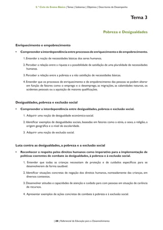 | 28 | Referencial de Educação para o Desenvolvimento
1.º Ciclo do Ensino Básico | Temas | Subtemas | Objetivos | Descritores de Desempenho
Tema 3
Pobreza e Desigualdades
Enriquecimento e empobrecimento
•	 Compreender a interdependência entre processos de enriquecimento e de empobrecimento.
1. Entender a noção de necessidades básicas dos seres humanos.
2.Perceber a relação entre a riqueza e a possibilidade de satisfação de uma pluralidade de necessidades
humanas.
3. Perceber a relação entre a pobreza e a não satisfação de necessidades básicas.
4. Entender que os processos de enriquecimento e de empobrecimento das pessoas se podem alterar
em função de fatores como o emprego e o desemprego, as migrações, as calamidades naturais, os
acidentes pessoais ou a aquisição de maiores qualificações.
Desigualdades, pobreza e exclusão social
•	 Compreender a interdependência entre desigualdades, pobreza e exclusão social.
1. Adquirir uma noção de desigualdade económico-social.
2. Identificar exemplos de desigualdades sociais, baseadas em fatores como a etnia, o sexo, a religião, a
origem geográfica e o nível de escolaridade.
3. Adquirir uma noção de exclusão social.
Luta contra as desigualdades, a pobreza e a exclusão social
•	 Reconhecer o respeito pelos direitos humanos como imperativo para a implementação de
políticas coerentes de combate às desigualdades, à pobreza e à exclusão social.
1. Entender que todas as crianças necessitam de proteção e de cuidados específicos para se
desenvolverem de forma saudável.
2. Identificar situações concretas de negação dos direitos humanos, nomeadamente das crianças, em
diversos contextos.
3. Desenvolver atitudes e capacidades de atenção e cuidado para com pessoas em situação de carência
de recursos.
4. Apresentar exemplos de ações concretas de combate à pobreza e à exclusão social.
 