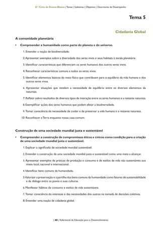 | 40 | Referencial de Educação para o Desenvolvimento
2.º Ciclo do Ensino Básico | Temas | Subtemas | Objetivos | Descritores de Desempenho
Tema 5
Cidadania Global
A comunidade planetária
•	 Compreender a humanidade como parte do planeta e do universo.
1. Entender a noção de biodiversidade.
2.Apresentar exemplos sobre a diversidade dos seres vivos e seus habitats à escala planetária.
3. Identificar características que diferenciam os seres humanos dos outros seres vivos.
4. Reconhecer características comuns a todos os seres vivos.
5. Identificar elementos básicos do meio físico que contribuem para o equilíbrio da vida humana e dos
outros seres vivos.
6. Apresentar situações que revelem a necessidade de equilíbrio entre os diversos elementos da
natureza.
7.Refletir sobre resultados de diversos tipos de interação entre os seres humanos e a restante natureza.
8. Exemplificar ações dos seres humanos que podem afetar a biodiversidade.
9. Tomar consciência da necessidade de cuidar e de preservar a vida humana e a restante natureza.
10. Reconhecer a Terra enquanto nossa casa comum.
Construção de uma sociedade mundial justa e sustentável
•	 Compreender a construção de compromissos éticos e cívicos como condição para a criação
de uma sociedade mundial justa e sustentável.
1. Explicar o significado de sociedade mundial sustentável.
2. Entender a construção de uma sociedade mundial justa e sustentável como uma meta a alcançar.
3. Apresentar exemplos de práticas de produção e consumo e de estilos de vida não sustentáveis aos
níveis local, nacional e internacional.
4. Identificar bens comuns da humanidade.
5.Valorizar a preservação e a partilha dos bens comuns da humanidade como fatores de sustentabilidade
e de diálogo entre os povos e suas culturas.
6. Manifestar hábitos de consumo e estilos de vida sustentáveis.
7. Tomar consciência do interesse e das necessidades dos outros na tomada de decisões coletivas.
8. Entender uma noção de cidadania global.
 