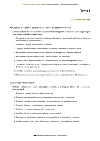 | 44 | Referencial de Educação para o Desenvolvimento
3.º Ciclo do Ensino Básico | Temas | Subtemas | Objetivos | Descritores de Desempenho
Tema 1
Desenvolvimento
Perspetivas e conceitos essenciais associados ao desenvolvimento
•	 Compreender o desenvolvimento na sua contextualização histórica,bem como os principais
conceitos e indicadores associados.
1.Reconhecer o bem-estar económico,social,cultural e político,e a participação plural como elementos
fundamentais do desenvolvimento.
2. Entender o conceito de crescimento económico.
3. Distinguir desenvolvimento de crescimento económico e da noção de progresso linear.
4. Reconhecer o desenvolvimento como direito de todas as pessoas e de todos os povos.
5. Reconhecer o desenvolvimento como conceito aberto e em construção.
6. Conhecer visões e perspetivas sobre o desenvolvimento em diferentes regiões do mundo.
7. Caracterizar os conceitos de Desenvolvimento Humano, Desenvolvimento Sustentável e
Desenvolvimento Comunitário.
8. Identificar indicadores associados aos principais conceitos de desenvolvimento.
9. Relacionar os principais indicadores de desenvolvimento com as realidades de diferentes países.
Cooperação internacional
•	 Refletir criticamente sobre conceções, práticas e principais atores da cooperação
internacional.
1. Entender o conceito de cooperação internacional.
2. Relacionar as desigualdades socioeconómicas com a cooperação internacional.
3. Distinguir cooperação internacional para o desenvolvimento de ajuda humanitária.
4. Distinguir diferentes modalidades de cooperação internacional.
5. Conhecer organismos de cooperação internacional.
6. Identificar iniciativas concretas de cooperação internacional.
7. Relacionar os princípios da cooperação internacional com as suas práticas concretas.
8. Analisar pontos fortes e fracos de iniciativas concretas de cooperação internacional.
 