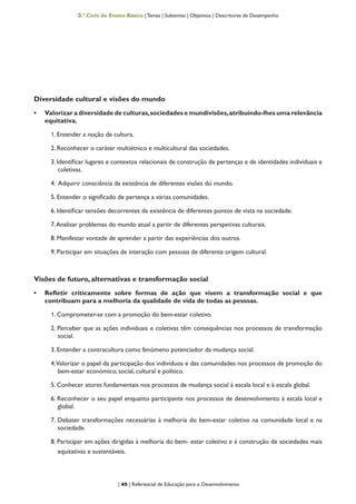 | 45 | Referencial de Educação para o Desenvolvimento
3.º Ciclo do Ensino Básico | Temas | Subtemas | Objetivos | Descritores de Desempenho
Diversidade cultural e visões do mundo
•	 Valorizar a diversidade de culturas,sociedades e mundivisões,atribuindo-lhes uma relevância
equitativa.
1. Entender a noção de cultura.
2. Reconhecer o caráter multiétnico e multicultural das sociedades.
3. Identificar lugares e contextos relacionais de construção de pertenças e de identidades individuais e
coletivas.
4. Adquirir consciência da existência de diferentes visões do mundo.
5. Entender o significado de pertença a várias comunidades.
6. Identificar tensões decorrentes da existência de diferentes pontos de vista na sociedade.
7.Analisar problemas do mundo atual a partir de diferentes perspetivas culturais.
8. Manifestar vontade de aprender a partir das experiências dos outros.
9. Participar em situações de interação com pessoas de diferente origem cultural.
Visões de futuro, alternativas e transformação social
•	 Refletir criticamente sobre formas de ação que visem a transformação social e que
contribuam para a melhoria da qualidade de vida de todas as pessoas.
1. Comprometer-se com a promoção do bem-estar coletivo.
2. Perceber que as ações individuais e coletivas têm consequências nos processos de transformação
social.
3. Entender a contracultura como fenómeno potenciador da mudança social.
4.Valorizar o papel da participação dos indivíduos e das comunidades nos processos de promoção do
bem-estar económico, social, cultural e político.
5. Conhecer atores fundamentais nos processos de mudança social à escala local e à escala global.
6. Reconhecer o seu papel enquanto participante nos processos de desenvolvimento à escala local e
global.
7. Debater transformações necessárias à melhoria do bem-estar coletivo na comunidade local e na
sociedade.
8. Participar em ações dirigidas à melhoria do bem- estar coletivo e à construção de sociedades mais
equitativas e sustentáveis.
 