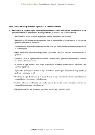 | 49 | Referencial de Educação para o Desenvolvimento
3.º Ciclo do Ensino Básico | Temas | Subtemas | Objetivos | Descritores de Desempenho
Luta contra as desigualdades, a pobreza e a exclusão social
•	 Reconhecer o respeito pelos direitos humanos como imperativo para a implementação de
políticas coerentes de combate às desigualdades, à pobreza e à exclusão social.
1. Reconhecer o direito de todas as pessoas a viverem num mundo sem pobreza.
2. Exemplificar dificuldades para as pessoas e para as comunidades locais de quebrar os círculos de
pobreza em que estão envolvidas.
3.Distinguir entre ações de mitigação da pobreza e ações que permitem inverter os círculos de pobreza
e exclusão social.
4. Expor medidas de combate às desigualdades, à pobreza e à exclusão social, no âmbito das políticas
públicas.
5. Conhecer a ação de organizações da sociedade civil e de outros agentes na prevenção e no combate
à pobreza e à exclusão social.
6. Conhecer o papel da ONU e de outras organizações de âmbito internacional na prevenção e no
combate à pobreza.
7. Apresentar exemplos de formas de ação individual e coletiva para enfrentar as desigualdades, a
pobreza e a exclusão social.
8. Conhecer o papel da denúncia e de outras formas de ação individual e coletiva para enfrentar as
desigualdades, a pobreza e a exclusão social.
9. Refletir sobre as possibilidades de escolha pessoal de atuação perante situações concretas de
desigualdade, pobreza e exclusão social.
10. Participar em ações que promovam o combate à pobreza e à exclusão social.
 