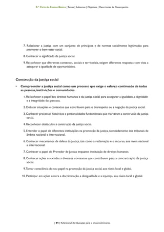 | 51 | Referencial de Educação para o Desenvolvimento
3.º Ciclo do Ensino Básico | Temas | Subtemas | Objetivos | Descritores de Desempenho
7. Relacionar a justiça com um conjunto de princípios e de normas socialmente legitimadas para
promover o bem-estar social.
8. Conhecer o significado de justiça social.
9. Reconhecer que diferentes contextos, sociais e territoriais, exigem diferentes respostas com vista a
assegurar a igualdade de oportunidades.
Construção da justiça social
•	 Compreender a justiça social como um processo que exige o esforço continuado de todas
as pessoas, instituições e comunidades.
1. Reconhecer o papel dos direitos humanos e da justiça social para assegurar a igualdade, a dignidade
e a integridade das pessoas.
2. Debater situações e contextos que contribuem para o desrespeito ou a negação da justiça social.
3.Conhecer processos históricos e personalidades fundamentais que marcaram a construção da justiça
social.
4. Reconhecer obstáculos à construção da justiça social.
5. Entender o papel de diferentes instituições na promoção da justiça, nomeadamente dos tribunais de
âmbito nacional e internacional.
6. Conhecer mecanismos de defesa da justiça, tais como a reclamação e o recurso, aos níveis nacional
e internacional.
7. Conhecer o papel do Provedor de Justiça enquanto instituição de direitos humanos.
8. Conhecer ações associadas a diversos contextos que contribuem para a concretização da justiça
social.
9.Tomar consciência do seu papel na promoção da justiça social, aos níveis local e global.
10. Participar em ações contra a discriminação, a desigualdade e a injustiça, aos níveis local e global.
 