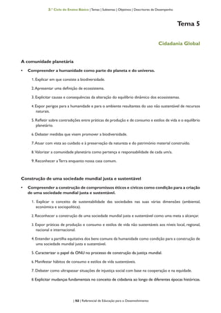 | 52 | Referencial de Educação para o Desenvolvimento
3.º Ciclo do Ensino Básico | Temas | Subtemas | Objetivos | Descritores de Desempenho
Tema 5
Cidadania Global
A comunidade planetária
•	 Compreender a humanidade como parte do planeta e do universo.
1. Explicar em que consiste a biodiversidade.
2.Apresentar uma definição de ecossistema.
3. Explicitar causas e consequências da alteração do equilíbrio dinâmico dos ecossistemas.
4. Expor perigos para a humanidade e para o ambiente resultantes do uso não sustentável de recursos
naturais.
5. Refletir sobre contradições entre práticas de produção e de consumo e estilos de vida e o equilíbrio
planetário.
6. Debater medidas que visem promover a biodiversidade.
7.Atuar com vista ao cuidado e à preservação da natureza e do património material construído.
8. Valorizar a comunidade planetária como pertença e responsabilidade de cada um/a.
9. Reconhecer a Terra enquanto nossa casa comum.
Construção de uma sociedade mundial justa e sustentável
•	 Compreender a construção de compromissos éticos e cívicos como condição para a criação
de uma sociedade mundial justa e sustentável.
1. Explicar o conceito de sustentabilidade das sociedades nas suas várias dimensões (ambiental,
económica e sociopolítica).
2. Reconhecer a construção de uma sociedade mundial justa e sustentável como uma meta a alcançar.
3. Expor práticas de produção e consumo e estilos de vida não sustentáveis aos níveis local, regional,
nacional e internacional.
4.Entender a partilha equitativa dos bens comuns da humanidade como condição para a construção de
uma sociedade mundial justa e sustentável.
5. Caracterizar o papel da ONU no processo de construção da justiça mundial.
6. Manifestar hábitos de consumo e estilos de vida sustentáveis.
7. Debater como ultrapassar situações de injustiça social com base na cooperação e na equidade.
8. Explicitar mudanças fundamentais no conceito de cidadania ao longo de diferentes épocas históricas.
 