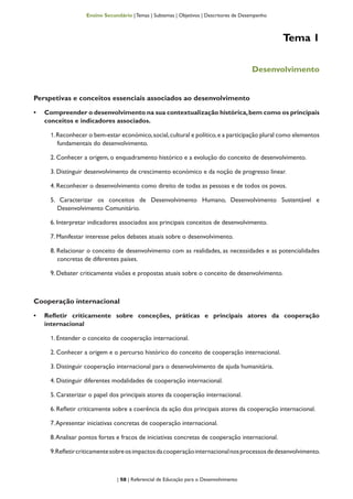 | 58 | Referencial de Educação para o Desenvolvimento
Ensino Secundário | Temas | Subtemas | Objetivos | Descritores de Desempenho
Tema 1
Desenvolvimento
Perspetivas e conceitos essenciais associados ao desenvolvimento
•	 Compreender o desenvolvimento na sua contextualização histórica,bem como os principais
conceitos e indicadores associados.
1.Reconhecer o bem-estar económico,social,cultural e político,e a participação plural como elementos
fundamentais do desenvolvimento.
2. Conhecer a origem, o enquadramento histórico e a evolução do conceito de desenvolvimento.
3. Distinguir desenvolvimento de crescimento económico e da noção de progresso linear.
4. Reconhecer o desenvolvimento como direito de todas as pessoas e de todos os povos.
5. Caracterizar os conceitos de Desenvolvimento Humano, Desenvolvimento Sustentável e
Desenvolvimento Comunitário.
6. Interpretar indicadores associados aos principais conceitos de desenvolvimento.
7. Manifestar interesse pelos debates atuais sobre o desenvolvimento.
8. Relacionar o conceito de desenvolvimento com as realidades, as necessidades e as potencialidades
concretas de diferentes países.
9. Debater criticamente visões e propostas atuais sobre o conceito de desenvolvimento.
Cooperação internacional
•	 Refletir criticamente sobre conceções, práticas e principais atores da cooperação
internacional
1. Entender o conceito de cooperação internacional.
2. Conhecer a origem e o percurso histórico do conceito de cooperação internacional.
3. Distinguir cooperação internacional para o desenvolvimento de ajuda humanitária.
4. Distinguir diferentes modalidades de cooperação internacional.
5. Caraterizar o papel dos principais atores da cooperação internacional.
6. Refletir criticamente sobre a coerência da ação dos principais atores da cooperação internacional.
7.Apresentar iniciativas concretas de cooperação internacional.
8.Analisar pontos fortes e fracos de iniciativas concretas de cooperação internacional.
9.Refletircriticamentesobreosimpactosdacooperaçãointernacionalnosprocessosdedesenvolvimento.
 