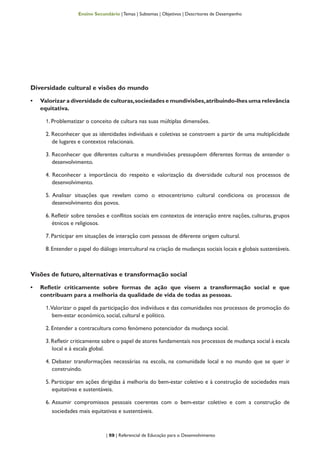 | 59 | Referencial de Educação para o Desenvolvimento
Ensino Secundário | Temas | Subtemas | Objetivos | Descritores de Desempenho
Diversidade cultural e visões do mundo
•	 Valorizar a diversidade de culturas,sociedades e mundivisões,atribuindo-lhes uma relevância
equitativa.
1. Problematizar o conceito de cultura nas suas múltiplas dimensões.
2. Reconhecer que as identidades individuais e coletivas se constroem a partir de uma multiplicidade
de lugares e contextos relacionais.
3. Reconhecer que diferentes culturas e mundivisões pressupõem diferentes formas de entender o
desenvolvimento.
4. Reconhecer a importância do respeito e valorização da diversidade cultural nos processos de
desenvolvimento.
5. Analisar situações que revelam como o etnocentrismo cultural condiciona os processos de
desenvolvimento dos povos.
6. Refletir sobre tensões e conflitos sociais em contextos de interação entre nações, culturas, grupos
étnicos e religiosos.
7. Participar em situações de interação com pessoas de diferente origem cultural.
8.Entender o papel do diálogo intercultural na criação de mudanças sociais locais e globais sustentáveis.
Visões de futuro, alternativas e transformação social
•	 Refletir criticamente sobre formas de ação que visem a transformação social e que
contribuam para a melhoria da qualidade de vida de todas as pessoas.
1.Valorizar o papel da participação dos indivíduos e das comunidades nos processos de promoção do
bem-estar económico, social, cultural e político.
2. Entender a contracultura como fenómeno potenciador da mudança social.
3.Refletir criticamente sobre o papel de atores fundamentais nos processos de mudança social à escala
local e à escala global.
4. Debater transformações necessárias na escola, na comunidade local e no mundo que se quer ir
construindo.
5. Participar em ações dirigidas à melhoria do bem-estar coletivo e à construção de sociedades mais
equitativas e sustentáveis.
6. Assumir compromissos pessoais coerentes com o bem-estar coletivo e com a construção de
sociedades mais equitativas e sustentáveis.
 