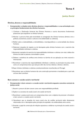 | 64 | Referencial de Educação para o Desenvolvimento
Ensino Secundário | Temas | Subtemas | Objetivos | Descritores de Desempenho
Tema 4
Justiça Social
Direitos, deveres e responsabilidades
•	 Compreender a relação entre direitos, deveres e responsabilidades e a sua articulação com
os princípios fundamentais dos direitos humanos.
1. Conhecer a Declaração Universal dos Direitos Humanos e outros documentos fundamentais
posteriores que enquadram os direitos humanos.
2.Valorizar o percurso feito pela humanidade na consagração dos direitos humanos (direitos civis e
políticos, económicos, sociais e culturais e de solidariedade ou coletivos).
3. Refletir sobre a inalienabilidade, a indivisibilidade, a interdependência e a universalidade dos direitos
humanos.
4. Relacionar situações de respeito ou de desrespeito pelos direitos humanos com o exercício das
responsabilidades individuais e coletivas.
5.Apresentar exemplos do exercício de responsabilidades individuais e coletivas com vista à defesa dos
direitos de todas as pessoas, comunidades e povos.
6. Debater a existência de conflitos entre direitos no domínio da sua aplicação aos níveis nacional e
internacional.
7. Reconhecer o exercício das responsabilidades individuais e coletivas, na promoção da justiça social,
como um compromisso ético que está para além das normas relativas a direitos e deveres.
8. Expor direitos individuais e coletivos constitucionalmente reconhecidos em Portugal.
9. Reconhecer que os direitos humanos são uma construção permanente e inacabada para a qual cada
um/uma deve contribuir.
Bem comum e coesão social e territorial
•	 Compreender o bem comum e a coesão social e territorial enquanto conceitos centrais da
justiça social.
1.Assumir a procura do bem comum como uma responsabilidade partilhada.
2. Explicar os conceitos de coesão social e de coesão territorial.
3. Reconhecer a justiça social como um compromisso ético com o objetivo de promover e fortalecer
o bem comum e a coesão social e territorial.
4. Reconhecer que as situações de rutura social e/ou de conflito territorial estão diretamente
relacionadas com o desrespeito pelos princípios da equidade e da solidariedade, entre outros.
5. Entender o papel da construção de relações equitativas e solidárias na promoção da coesão social e
territorial.
 