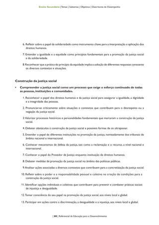 | 65 | Referencial de Educação para o Desenvolvimento
Ensino Secundário | Temas | Subtemas | Objetivos | Descritores de Desempenho
6. Refletir sobre o papel da solidariedade como instrumento chave para a interpretação e aplicação dos
direitos humanos.
7. Entender a igualdade e a equidade como princípios fundamentais para a promoção da justiça social
e da solidariedade.
8.Reconhecer que a prática do princípio da equidade implica a adoção de diferentes respostas consoante
os diversos contextos e situações.
Construção da justiça social
•	 Compreender a justiça social como um processo que exige o esforço continuado de todas
as pessoas, instituições e comunidades.
1. Reconhecer o papel dos direitos humanos e da justiça social para assegurar a igualdade, a dignidade
e a integridade das pessoas.
2. Pronunciar-se criticamente sobre situações e contextos que contribuem para o desrespeito ou a
negação da justiça social.
3.Valorizar processos históricos e personalidades fundamentais que marcaram a construção da justiça
social.
4. Debater obstáculos à construção da justiça social e possíveis formas de os ultrapassar.
5. Entender o papel de diferentes instituições na promoção da justiça, nomeadamente dos tribunais de
âmbito nacional e internacional.
6. Conhecer mecanismos de defesa da justiça, tais como a reclamação e o recurso, a nível nacional e
internacional.
7. Conhecer o papel do Provedor de Justiça enquanto instituição de direitos humanos.
8. Debater medidas de promoção da justiça social no âmbito das políticas públicas.
9.Analisar ações associadas a diversos contextos que contribuem para a concretização da justiça social.
10. Refletir sobre o poder e a responsabilidade pessoal e coletiva na criação de condições para a
construção da justiça social.
11. Identificar opções individuais e coletivas que contribuem para prevenir e combater práticas sociais
de injustiça e desigualdade.
12.Tomar consciência do seu papel na promoção da justiça social, aos níveis local e global.
13. Participar em ações contra a discriminação, a desigualdade e a injustiça, aos níveis local e global.
 