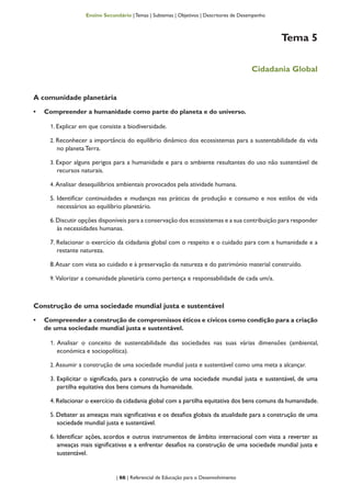 | 66 | Referencial de Educação para o Desenvolvimento
Ensino Secundário | Temas | Subtemas | Objetivos | Descritores de Desempenho
Tema 5
Cidadania Global
A comunidade planetária
•	 Compreender a humanidade como parte do planeta e do universo.
1. Explicar em que consiste a biodiversidade.
2. Reconhecer a importância do equilíbrio dinâmico dos ecossistemas para a sustentabilidade da vida
no planeta Terra.
3. Expor alguns perigos para a humanidade e para o ambiente resultantes do uso não sustentável de
recursos naturais.
4. Analisar desequilíbrios ambientais provocados pela atividade humana.
5. Identificar continuidades e mudanças nas práticas de produção e consumo e nos estilos de vida
necessários ao equilíbrio planetário.
6.Discutir opções disponíveis para a conservação dos ecossistemas e a sua contribuição para responder
às necessidades humanas.
7. Relacionar o exercício da cidadania global com o respeito e o cuidado para com a humanidade e a
restante natureza.
8.Atuar com vista ao cuidado e à preservação da natureza e do património material construído.
9. Valorizar a comunidade planetária como pertença e responsabilidade de cada um/a.
Construção de uma sociedade mundial justa e sustentável
•	 Compreender a construção de compromissos éticos e cívicos como condição para a criação
de uma sociedade mundial justa e sustentável.
1. Analisar o conceito de sustentabilidade das sociedades nas suas várias dimensões (ambiental,
económica e sociopolítica).
2. Assumir a construção de uma sociedade mundial justa e sustentável como uma meta a alcançar.
3. Explicitar o significado, para a construção de uma sociedade mundial justa e sustentável, de uma
partilha equitativa dos bens comuns da humanidade.
4.Relacionar o exercício da cidadania global com a partilha equitativa dos bens comuns da humanidade.
5. Debater as ameaças mais significativas e os desafios globais da atualidade para a construção de uma
sociedade mundial justa e sustentável.
6. Identificar ações, acordos e outros instrumentos de âmbito internacional com vista a reverter as
ameaças mais significativas e a enfrentar desafios na construção de uma sociedade mundial justa e
sustentável.
 