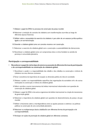 | 67 | Referencial de Educação para o Desenvolvimento
Ensino Secundário | Temas | Subtemas | Objetivos | Descritores de Desempenho
7. Debater o papel da ONU no processo de construção da justiça mundial.
8. Relacionar a evolução do conceito de cidadania com transformações ocorridas ao longo de
diferentes épocas históricas.
9. Refletir sobre a necessidade do exercício da cidadania ir para além de um estatuto jurídico-político
ligado a um território/nação.
10. Entender a cidadania global como um conceito recente e em construção.
11. Relacionar o exercício da cidadania global com a construção e sustentabilidade das democracias.
12. Reconhecer a cidadania global como um compromisso ético e cívico fundado no sentido de
pertença à comunidade planetária.
Participação e corresponsabilidade
•	 Reconheceropapeldeváriostiposdeatoresnaassunçãodediferentesformasdeparticipação
e de corresponsabilidade na construção da cidadania global.
1. Reconhecer o poder e a responsabilidade das cidadãs e dos cidadãos na construção e vivência da
cidadania nos seus diversos contextos.
2.Tomar consciência da importância de atuação na dimensão política da vida em sociedade.
3. Debater o poder e as responsabilidades específicas das organizações da sociedade civil e de outras
instituições na construção e vivência da cidadania global.
4. Referir acordos e outros instrumentos de âmbito internacional relacionados com questões de
construção da cidadania global.
5.Debater o papel da ONU e de outros organismos de âmbito internacional na criação de mecanismos
de governação global.
6. Relacionar a importância da cidadania global com questões do desenvolvimento, da justiça e da paz
mundial.
7. Refletir criticamente sobre a interdependência entre as opções pessoais e coletivas e as políticas
públicas na construção de uma comunidade planetária.
8. Relacionar as multipertenças dos/as cidadãos/ãs com diferentes formas de participação e de
corresponsabilidade.
9. Participar em ações de promoção da cidadania global em diferentes contextos.
 