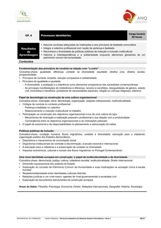 Carga horária
        CP_4              Processos identitários
                                                                                                                       50 horas


                           Assume condutas adequadas às instituições e aos princípios de lealdade comunitária.
   Resultados              Integra o colectivo profissional com noção de pertença e lealdade.
       de                  Reconhece a diversidade de políticas públicas de inserção e inclusão multicultural.
  Aprendizagem             Valoriza a interdependência e a solidariedade enquanto elementos geradores de um
                           património comum da humanidade.
  Conteúdos

  Fundamentação dos princípios de conduta na relação com “o outro”
  Conceitos-chave: igualdade; diferença; unidade na diversidade; equidade; direitos civis; direitos sociais;
  prospectividade.
     Princípios de conduta: empatia, reacção compassiva e solidariedade
     Princípios de igualdade e equidade
     - A diversidade, a aceitação e a tolerância como elementos prospectivos das sociedades contemporâneas
     - As principais manifestações de intolerância à diferença: racismo e xenofobia, desigualdades de género, estado
       civil, homofobia e transfobia, portadores de necessidades especiais, religião ou crenças religiosas, edaísmo

  Papel da deontologia na construção de uma cultura organizacional
  Conceitos-chave: motivação; ética; deontologia; organização; relações interpessoais; multiculturalidade.
    Códigos de conduta no contexto profissional
    - Pertença e lealdade no colectivo
    - Relacionamento e inserção multicultural no trabalho
    Participação na construção dos objectivos organizacionais à luz de uma cultura de rigor
    - Mecanismos de motivação e realização pessoal e profissional e sua relação com a produtividade
    - Convergência entre os objectivos organizacionais e as motivações pessoais
    O papel da autonomia e da responsabilidade no planeamento e estruturação de metas

  Políticas públicas de inclusão
  Conceitos-chave: condição humana; fluxos migratórios; unidade e diversidade; educação para a cidadania;
  organização política dos Estados democráticos.
     Dispositivos e mecanismos de concertação social
     Organismos institucionais de combate à discriminação, à escala nacional e internacional
     A educação para a cidadania e a preservação da unidade na diversidade
     Impactos económicos, culturais e sociais dos fluxos migratórios no Portugal Contemporâneo

  Uma nova identidade europeia em construção: o papel da multiculturalidade e da diversidade
  Conceitos-chave: democracia; justiça; cultura; cidadania mundial; multiculturalidade; Direito Internacional.
    Dimensão supranacional dos poderes do Estado
    Exploração do conceito de Património Comum da Humanidade e suas implicações na actuação cívica à escala
    mundial
    Respeito/solidariedade entre identidades culturais distintas
    Relações jurídicas a um nível macro: agentes de nível governamental e sociedade civil
    Exploração de documentos estruturantes da construção europeia

  Áreas do Saber: Filosofia, Psicologia; Economia; Direito, Relações Internacionais; Geografia; História, Sociologia.




REFERENCIAL DE FORMAÇÃO     Saída Profissional: Técnico/a Instalador/a de Sistemas Solares Fotovoltaicos   Nível 3           16/97
 