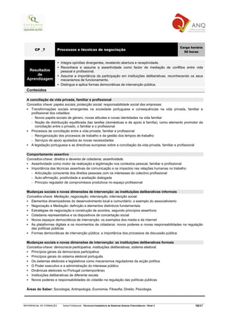 Carga horária
       CP _7              Processos e técnicas de negociação
                                                                                                                       50 horas


                           Integra opiniões divergentes, revelando abertura e receptividade.
                           Reconhece e assume a assertividade como factor de mediação de conflitos entre vida
   Resultados              pessoal e profissional.
       de                  Assume a importância da participação em instituições deliberativas, reconhecendo os seus
  Aprendizagem             mecanismos de funcionamento.
                           Distingue e aplica formas democráticas de intervenção pública.
  Conteúdos

  A conciliação da vida privada, familiar e profissional
  Conceitos chave: papéis sociais; protecção social; responsabilidade social das empresas.
     Transformações sociais emergentes na sociedade portuguesa e consequências na vida privada, familiar e
     profissional dos cidadãos
     - Novos papéis sociais de género, novas atitudes e novas identidades na vida familiar
     - Noção de distribuição equilibrada das tarefas (domésticas e de apoio à família), como elemento promotor da
       conciliação entre o privado, o familiar e o profissional
     Processos de conciliação entre a vida privada, familiar e profissional
     - Reorganização dos processos de trabalho e da gestão dos tempos de trabalho
     - Serviços de apoio ajustados às novas necessidades
     A legislação portuguesa e as directivas europeias sobre a conciliação da vida privada, familiar e profissional

  Comportamento assertivo
  Conceitos-chave: direitos e deveres de cidadania; assertividade.
    Assertividade como motor da realização e legitimação nos contextos pessoal, familiar e profissional
    Importância das técnicas assertivas de comunicação e os impactos nas relações humanas no trabalho
    - Articulação consciente dos direitos pessoais com os interesses do colectivo profissional
    - Auto-afirmação, positividade e aceitação dialogada
    - Princípio regulador de compromissos produtivos no espaço profissional

  Mudanças sociais e novas dimensões de intervenção: as instituições deliberativas informais
  Conceitos-chave: Mediação; negociação; intervenção; intervenção social.
    Elementos dinamizadores do desenvolvimento local e comunitário: o exemplo do associativismo
    Negociação e Mediação: definição e elementos distintivos fundamentais
    Estratégias de negociação e construção de acordos, segundo princípios assertivos
    Cidadania representativa e os dispositivos de concertação social
    Novos espaços democráticos de intervenção: os exemplos dos media e da internet
    As plataformas digitais e os movimentos de cidadania: novos poderes e novas responsabilidades na regulação
    das políticas públicas
    Formas democráticas de intervenção pública: a importância dos processos de discussão pública

  Mudanças sociais e novas dimensões de intervenção: as instituições deliberativas formais
  Conceitos-chave: democracia participativa; instituições deliberativas; sistema eleitoral.
    Princípios gerais da democracia participativa
    Princípios gerais do sistema eleitoral português
    Os sistemas eleitorais e legislativos como mecanismos reguladores da acção política
    O Poder executivo e a administração do interesse público
    Dinâmicas eleitorais no Portugal contemporâneo
    Instituições deliberativas de diferente escala
    Novos poderes e responsabilidades do cidadão na regulação das políticas públicas

  Áreas do Saber: Sociologia; Antropologia; Economia; Filosofia; Direito; Psicologia.



REFERENCIAL DE FORMAÇÃO     Saída Profissional: Técnico/a Instalador/a de Sistemas Solares Fotovoltaicos   Nível 3           19/97
 