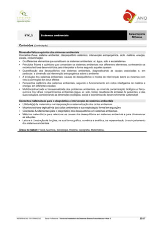 Carga horária
       STC_2              Sistemas ambientais
                                                                                                                       50 horas


  Conteúdos (Continuação)

  Dimensão física e química dos sistemas ambientais
  Conceitos-chave: sistema ambiental, (des)equilíbrio sistémico, intervenção antropogénica, ciclo, matéria, energia,
  escala, contaminação.
     Os diferentes elementos que constituem os sistemas ambientais: ar, água, solo e ecossistemas
     Princípios físicos e químicos que comandam os sistemas ambientais nos diferentes elementos, conhecendo os
     modelos teóricos desenvolvidos para interpretar a forma segundo aqueles operam
     Quantificação dos desequilíbrios nos sistemas ambientais, diagnosticando as causas associadas e, em
     particular, a dimensão da intervenção antropogénica sobre o ambiente
     A evolução dos sistemas ambientais: causas de desequilíbrios e modos de intervenção sobre as mesmas com
     vista à correcção dos seus efeitos
     Perspectiva sistémica dos sistemas ambientais, segundo o funcionamento em ciclos interligados de matéria e
     energia, em diferentes escalas
     Multidisciplinaridade e transversalidade dos problemas ambientais, ao nível da contaminação biológica e físico-
     química dos vários compartimentos ambientais (água, ar, solo, biota), resultante da emissão de poluentes, e das
     suas soluções, considerando as dimensões ecológica, social e económica do desenvolvimento sustentável

  Conceitos matemáticos para o diagnóstico e intervenção de sistemas ambientais
    Utilidade(s) da matemática na interpretação e sistematização dos ciclos ambientais
    Modelos teóricos explicativos dos ciclos ambientais e sua explicitação formal em equações
    Grandezas fundamentais para o diagnóstico dos desequilíbrios em sistemas ambientais
    Métodos matemáticos para relacionar as causas dos desequilíbrios em sistemas ambientais e para dimensionar
    as soluções
    Leitura e construção de funções, na sua forma gráfica, numérica e analítica, na representação do comportamento
    dos sistemas ambientais

  Áreas do Saber: Física, Química, Sociologia, História, Geografia, Matemática.




REFERENCIAL DE FORMAÇÃO     Saída Profissional: Técnico/a Instalador/a de Sistemas Solares Fotovoltaicos   Nível 3           23/97
 
