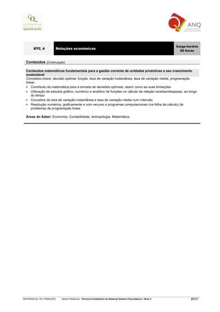 Carga horária
       STC_4              Relações económicas
                                                                                                                       50 horas


  Conteúdos (Continuação)

  Conteúdos matemáticos fundamentais para a gestão corrente de unidades produtivas e seu crescimento
  sustentável
  Conceitos-chave: decisão optimal, função, taxa de variação instantânea, taxa de variação média, programação
  linear.
      Contributo da matemática para a tomada de decisões optimais, assim como as suas limitações
      Utilização de estudos gráfico, numérico e analítico de funções no cálculo da relação receitas/despesas, ao longo
      do tempo
      Conceitos de taxa de variação instantânea e taxa de variação média num intervalo
      Resolução numérica, graficamente e com recurso a programas computacionais (na folha de cálculo) de
      problemas de programação linear

  Áreas do Saber: Economia, Contabilidade, Antropologia, Matemática.




REFERENCIAL DE FORMAÇÃO     Saída Profissional: Técnico/a Instalador/a de Sistemas Solares Fotovoltaicos   Nível 3           27/97
 
