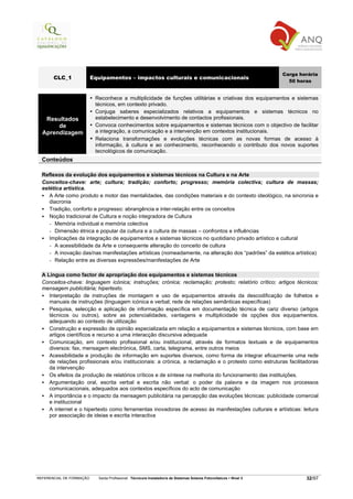 Carga horária
       CLC_1              Equipamentos – impactos culturais e comunicacionais
                                                                                                                       50 horas


                           Reconhece a multiplicidade de funções utilitárias e criativas dos equipamentos e sistemas
                           técnicos, em contexto privado.
                           Conjuga saberes especializados relativos a equipamentos e sistemas técnicos no
   Resultados              estabelecimento e desenvolvimento de contactos profissionais.
       de                  Convoca conhecimentos sobre equipamentos e sistemas técnicos com o objectivo de facilitar
  Aprendizagem             a integração, a comunicação e a intervenção em contextos institucionais.
                           Relaciona transformações e evoluções técnicas com as novas formas de acesso à
                           informação, à cultura e ao conhecimento, reconhecendo o contributo dos novos suportes
                           tecnológicos de comunicação.
  Conteúdos

  Reflexos da evolução dos equipamentos e sistemas técnicos na Cultura e na Arte
  Conceitos-chave: arte; cultura; tradição; conforto; progresso; memória colectiva; cultura de massas;
  estética artística.
     A Arte como produto e motor das mentalidades, das condições materiais e do contexto ideológico, na sincronia e
     diacronia
     Tradição, conforto e progresso: abrangência e inter-relação entre os conceitos
     Noção tradicional de Cultura e noção integradora de Cultura
     - Memória individual e memória colectiva
     - Dimensão étnica e popular da cultura e a cultura de massas – confrontos e influências
     Implicações da integração de equipamentos e sistemas técnicos no quotidiano privado artístico e cultural
     - A acessibilidade da Arte e consequente alteração do conceito de cultura
     - A inovação das/nas manifestações artísticas (nomeadamente, na alteração dos “padrões” da estética artística)
     - Relação entre as diversas expressões/manifestações de Arte

  A Língua como factor de apropriação dos equipamentos e sistemas técnicos
  Conceitos-chave: linguagem icónica; instruções; crónica; reclamação; protesto; relatório crítico; artigos técnicos;
  mensagem publicitária; hipertexto.
     Interpretação de instruções de montagem e uso de equipamentos através da descodificação de folhetos e
     manuais de instruções (linguagem icónica e verbal; rede de relações semânticas específicas)
     Pesquisa, selecção e aplicação de informação específica em documentação técnica de cariz diverso (artigos
     técnicos ou outros), sobre as potencialidades, vantagens e multiplicidade de opções dos equipamentos,
     adequando ao contexto de utilização
     Construção e expressão de opinião especializada em relação a equipamentos e sistemas técnicos, com base em
     artigos científicos e recurso a uma interacção discursiva adequada
     Comunicação, em contexto profissional e/ou institucional, através de formatos textuais e de equipamentos
     diversos: fax, mensagem electrónica, SMS, carta, telegrama, entre outros meios
     Acessibilidade e produção de informação em suportes diversos, como forma de integrar eficazmente uma rede
     de relações profissionais e/ou institucionais: a crónica, a reclamação e o protesto como estruturas facilitadoras
     da intervenção
     Os efeitos da produção de relatórios críticos e de síntese na melhoria do funcionamento das instituições.
     Argumentação oral, escrita verbal e escrita não verbal: o poder da palavra e da imagem nos processos
     comunicacionais, adequados aos contextos específicos do acto de comunicação
     A importância e o impacto da mensagem publicitária na percepção das evoluções técnicas: publicidade comercial
     e institucional
     A internet e o hipertexto como ferramentas inovadoras de acesso às manifestações culturais e artísticas: leitura
     por associação de ideias e escrita interactiva




REFERENCIAL DE FORMAÇÃO     Saída Profissional: Técnico/a Instalador/a de Sistemas Solares Fotovoltaicos   Nível 3           32/97
 