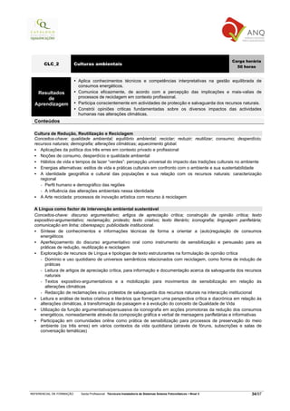 Carga horária
       CLC_2              Culturas ambientais
                                                                                                                       50 horas


                           Aplica conhecimentos técnicos e competências interpretativas na gestão equilibrada de
                           consumos energéticos.
   Resultados              Comunica eficazmente, de acordo com a percepção das implicações e mais-valias de
       de                  processos de reciclagem em contexto profissional.
  Aprendizagem             Participa conscientemente em actividades de protecção e salvaguarda dos recursos naturais.
                           Constrói opiniões criticas fundamentadas sobre os diversos impactos das actividades
                           humanas nas alterações climáticas.
  Conteúdos

  Cultura de Redução, Reutilização e Reciclagem
  Conceitos-chave: qualidade ambiental; equilíbrio ambiental; reciclar; reduzir; reutilizar; consumo; desperdício;
  recursos naturais; demografia; alterações climáticas; aquecimento global.
     Aplicações da política dos três erres em contexto privado e profissional
     Noções de consumo, desperdício e qualidade ambiental
     Hábitos de vida e tempos de lazer “verdes”: percepção universal do impacto das tradições culturais no ambiente
     Energias alternativas: estilos de vida e práticas culturais em confronto com o ambiente e sua sustentabilidade
     A identidade geográfica e cultural das populações e sua relação com os recursos naturais: caracterização
     regional
     - Perfil humano e demográfico das regiões
     - A influência das alterações ambientais nessa identidade
     A Arte reciclada: processos de inovação artística com recurso à reciclagem

  A Língua como factor de intervenção ambiental sustentável
  Conceitos-chave: discurso argumentativo; artigos de apreciação crítica; construção de opinião crítica; texto
  expositivo-argumentativo; reclamação; protesto; texto criativo; texto literário; iconografia; linguagem panfletária;
  comunicação em linha; ciberespaço; publicidade institucional.
     Síntese de conhecimentos e informações técnicas de forma a orientar a (auto)regulação de consumos
     energéticos
     Aperfeiçoamento do discurso argumentativo oral como instrumento de sensibilização e persuasão para as
     práticas de redução, reutilização e reciclagem
     Exploração de recursos de Língua e tipologias de texto estruturantes na formulação de opinião crítica
     - Domínio e uso quotidiano de universos semânticos relacionados com reciclagem, como forma de indução de
        práticas
     - Leitura de artigos de apreciação crítica, para informação e documentação acerca da salvaguarda dos recursos
        naturais
     - Textos expositivo-argumentativos e a mobilização para movimentos de sensibilização em relação às
        alterações climáticas
     - Redacção de reclamações e/ou protestos de salvaguarda dos recursos naturais na interacção institucional
     Leitura e análise de textos criativos e literários que forneçam uma perspectiva crítica e diacrónica em relação às
     alterações climáticas, à transformação da paisagem e à evolução do conceito de Qualidade de Vida
     Utilização da função argumentativa/persuasiva da iconografia em acções promotoras da redução dos consumos
     energéticos, nomeadamente através da composição gráfica e verbal de mensagens panfletárias e informativas
     Participação em comunidades online como prática de sensibilização para processos de preservação do meio
     ambiente (os três erres) em vários contextos da vida quotidiana (através de fóruns, subscrições e salas de
     conversação temáticas)




REFERENCIAL DE FORMAÇÃO     Saída Profissional: Técnico/a Instalador/a de Sistemas Solares Fotovoltaicos   Nível 3           34/97
 