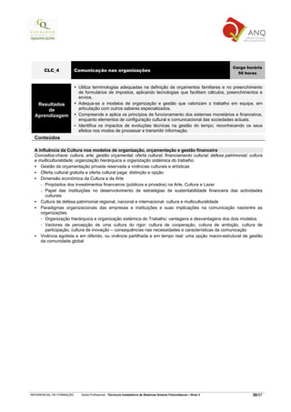 Carga horária
       CLC_4              Comunicação nas organizações
                                                                                                                       50 horas


                           Utiliza terminologias adequadas na definição de orçamentos familiares e no preenchimento
                           de formulários de impostos, aplicando tecnologias que facilitam cálculos, preenchimentos e
                           envios.
   Resultados              Adequa-se a modelos de organização e gestão que valorizam o trabalho em equipa, em
       de                  articulação com outros saberes especializados.
  Aprendizagem             Compreende e aplica os princípios de funcionamento dos sistemas monetários e financeiros,
                           enquanto elementos de configuração cultural e comunicacional das sociedades actuais.
                           Identifica os impactos de evoluções técnicas na gestão do tempo, reconhecendo os seus
                           efeitos nos modos de processar e transmitir informação.
  Conteúdos

  A influência da Cultura nos modelos de organização, orçamentação e gestão financeira
  Conceitos-chave: cultura; arte; gestão orçamental; oferta cultural; financiamento cultural; defesa patrimonial; cultura
  e multiculturalidade; organização hierárquica e organização sistémica do trabalho.
     Gestão da orçamentação privada reservada a vivências culturais e artísticas
     Oferta cultural gratuita e oferta cultural paga: distinção e opção
     Dimensão económica da Cultura e da Arte
     - Propósitos dos investimentos financeiros (públicos e privados) na Arte, Cultura e Lazer
     - Papel das instituições no desenvolvimento de estratégias de sustentabilidade financeira das actividades
        culturais
     Cultura de defesa patrimonial regional, nacional e internacional: cultura e multiculturalidade
     Paradigmas organizacionais das empresas e instituições e suas implicações na comunicação nas/entre as
     organizações
     - Organização hierárquica e organização sistémica do Trabalho: vantagens e desvantagens dos dois modelos
     - Vectores de percepção de uma cultura do rigor: cultura de cooperação, cultura de ambição, cultura de
        participação, cultura de inovação – consequências nas necessidades e características da comunicação
     Vivência egotista e em diferido, ou vivência partilhada e em tempo real: uma opção macro-estrutural de gestão
     da comunidade global




REFERENCIAL DE FORMAÇÃO     Saída Profissional: Técnico/a Instalador/a de Sistemas Solares Fotovoltaicos   Nível 3           38/97
 